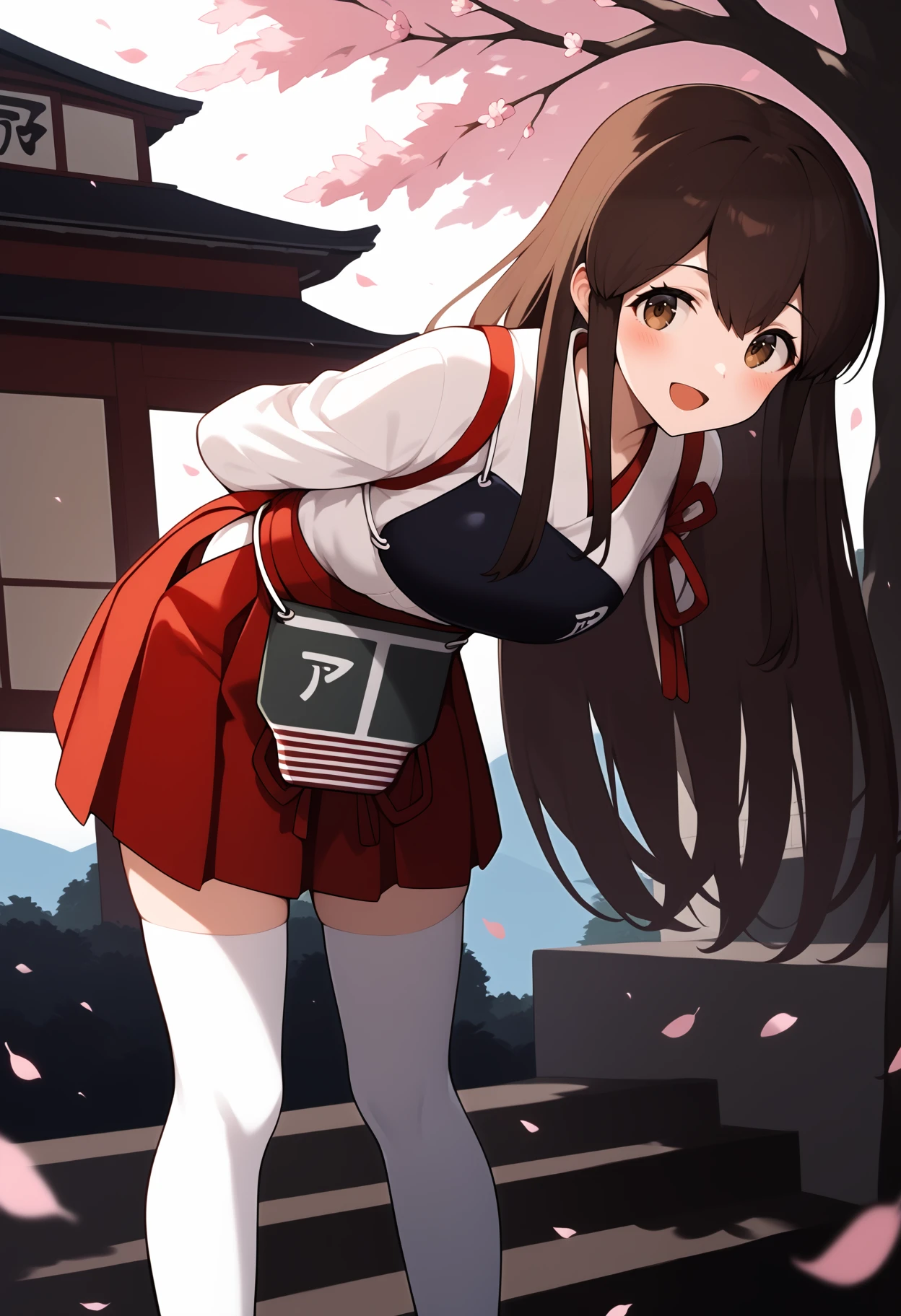 score_9, score_8_up, score_7_up, score_6_up, score_5_up, score_4_up, source_anime, aaakagi, long hair, brown hair, brown eyes, japanese clothes, muneate, tasuki, hakama skirt, red hakama, white thighhighs, <lora:akagi_(kancolle)_ponyxl_v1:0.9>, arms behind back, leaning forward, standing, outdoors, open mouth, cherry blossoms, smile,