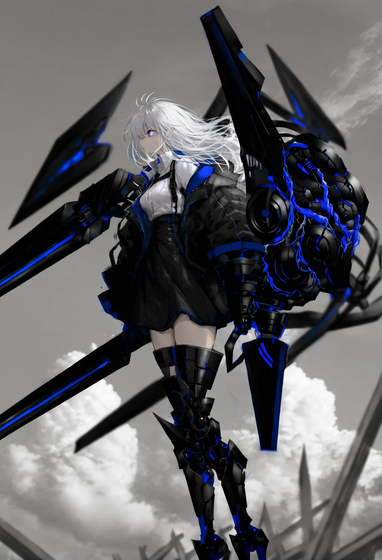 masterpiece, best quality,1girl, solo, letterboxed, mechanical legs, long hair, weapon, jacket, shirt, blue eyes, black jacket, skirt, white shirt, holding, sky, open clothes, white hair, open jacket, black skirt  
<lora:NARUEXLlokr4f-000179:0.95>