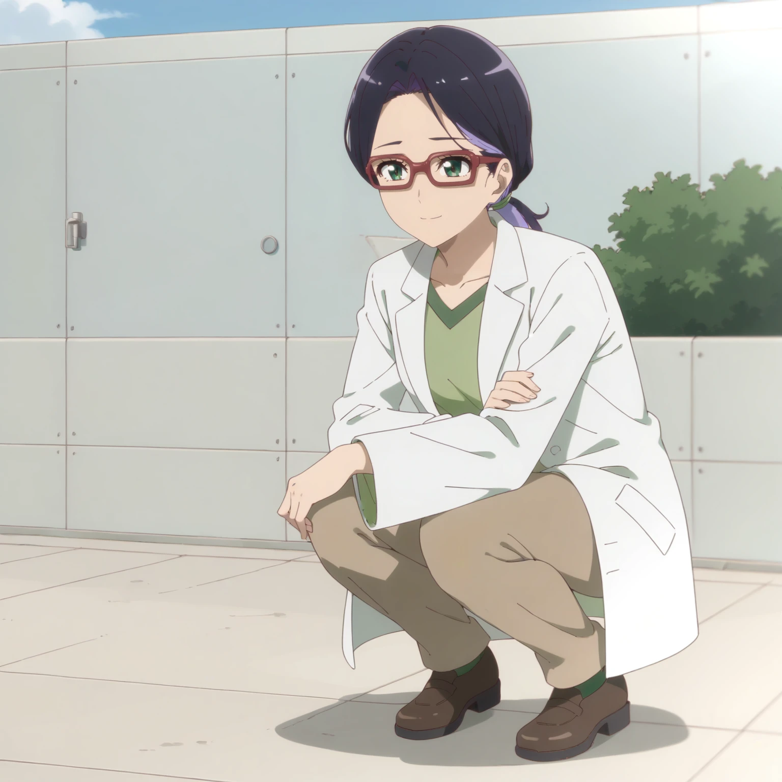 <lora:NCfY_JyoiXLpony001>,
smile,
solo,
Jyoi,1girl,multicolored hair,black hair,purple hair,low ponytail,green eyes,red-framed eyewear,
lab coat,green shirt,
brown pants,
outdoors,
full body,squatting,