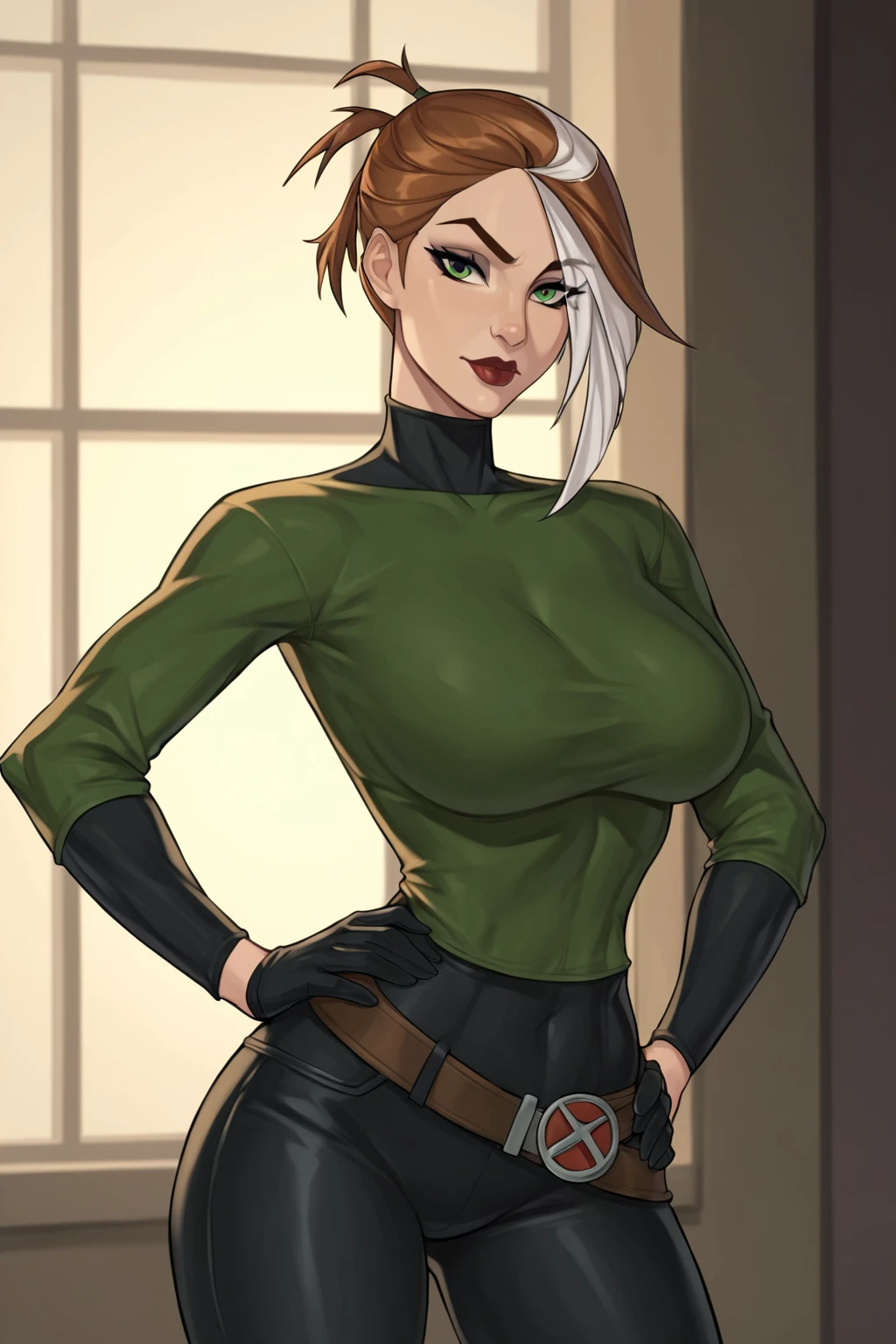 PonyXLV6_Scores BREAK (perfect anatomy, absurd resolution, cowboy shot) <lora:add-detail-xl:1> BREAK  <lora:Rogue:0.7> anna marie, multicolored hair, two-tone hair, brown hair, white hair, green eyes, lipstick, makeup, flirty, raised eyebrow, ((looking at viewer)), black sleeves, long sleeves, green shirt, black gloves, black leggings, belt, large breasts, toned, athletic, curvy, sexually suggestive, standing, hands on hip, indoors