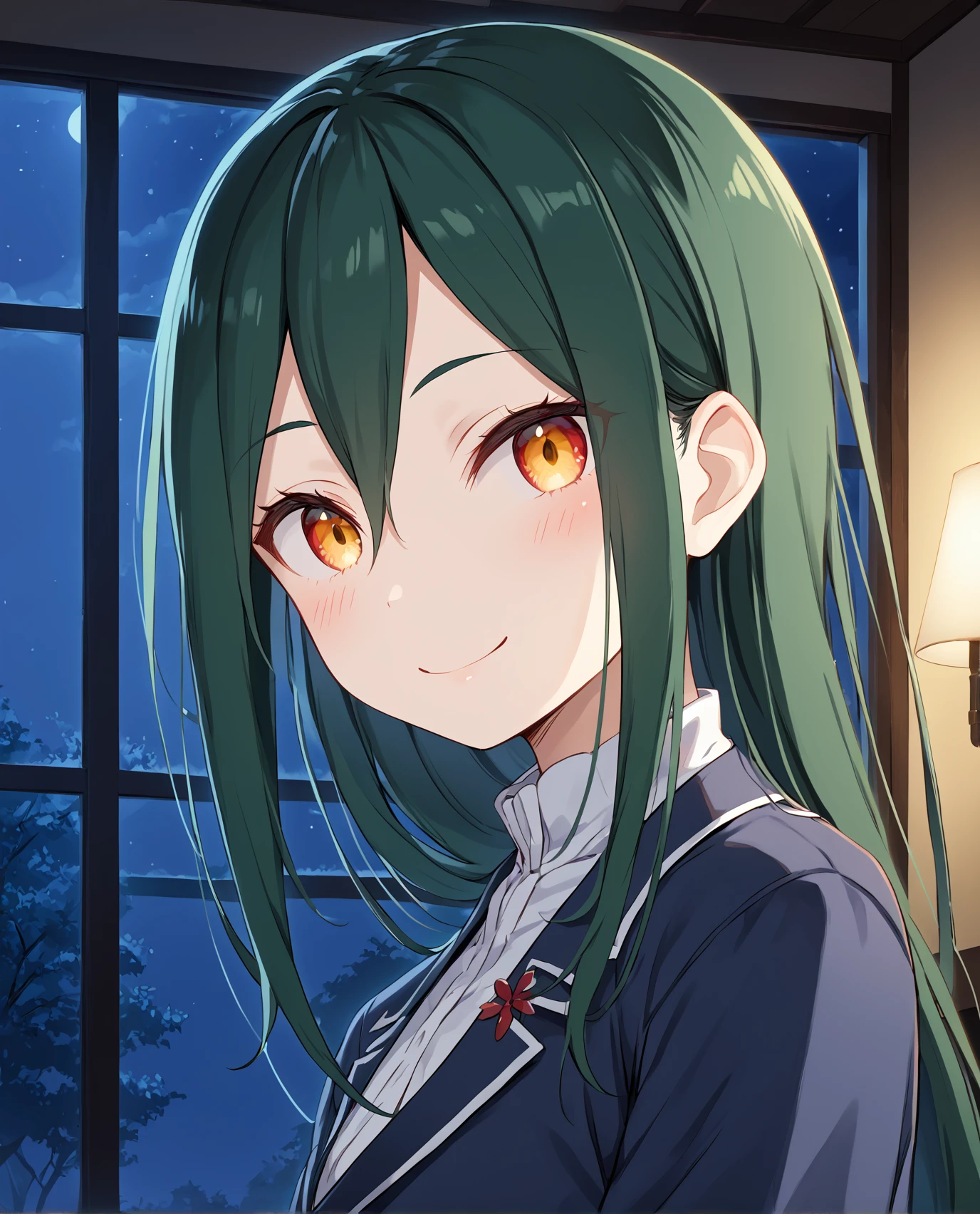 <lora:Crusch_ReZero:1>, long hair, crusch, dark green hair, yellow eyes, looking at the viewer, smile, blush, red face, face, night time, cool, dark room,, score_9