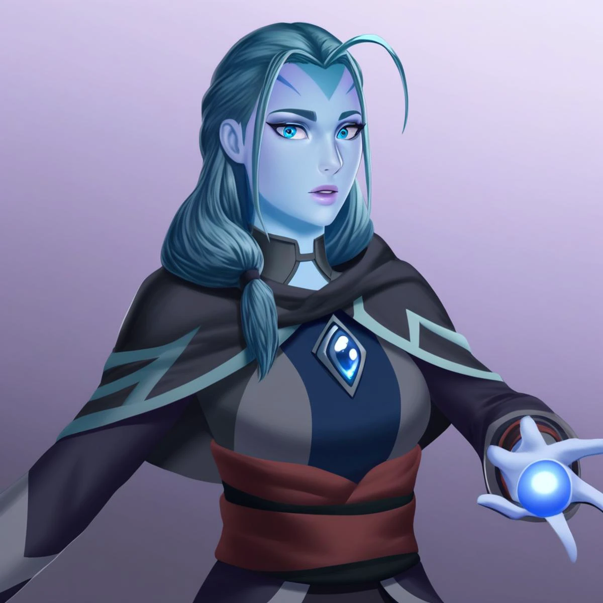 winterwyvernanime, aurothanime, aurothanime \(dota 2\),  1girl, solo, long hair, breasts, looking at viewer, blue eyes, long sleeves, dress, medium breasts, blue hair, upper body, ahoge, parted lips, cape, lips, gradient, sash, gradient background, colored skin, facial mark, blue skin, magic, huge ahoge