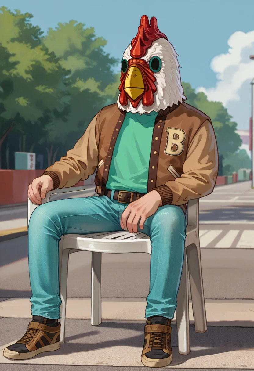 score_9, score_8_up, source_anime, 1boy, solo, plastic chair, sitting, leaning, JacketHotlineMiami, mask, letterman jacket, brown jacket, green shirt, belt, jeans, outdoors, <lora:ChamJacketHotlineMiamiPonyXL:1>, <lora:PlasticChair_XLPD:1>