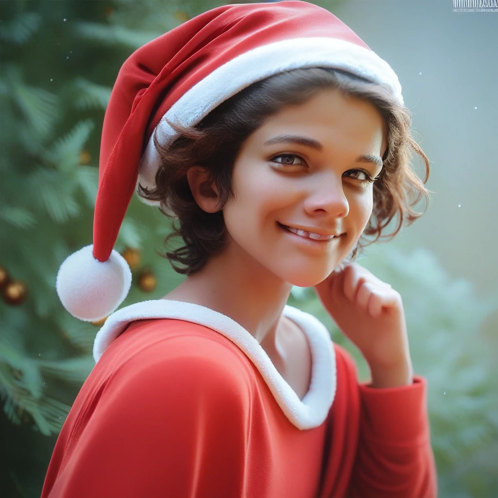 score_9, score_8_up, score_7_up, score_6_up, Tina-Amour, 1girl, solo, petite, looking at viewer, smile, short hair, brown hair, brown eyes, santa costume, red hat, red dress, long sleeves, portrait, upper body,