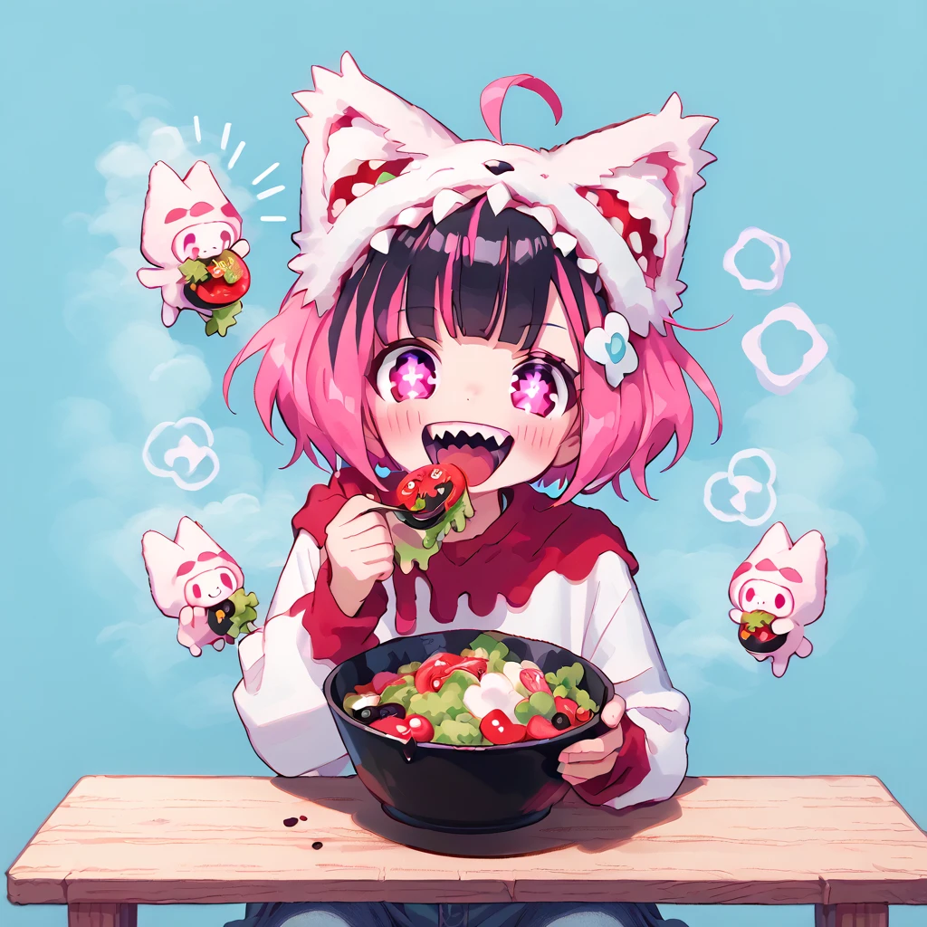 <lora:Berta_Delica:1> black hair, pink hair, multicolored hair, symbol-shaped pupils
 <lora:Women_Laughing_Alone_With_Salad__Pony:0.8> eating salad, laughing