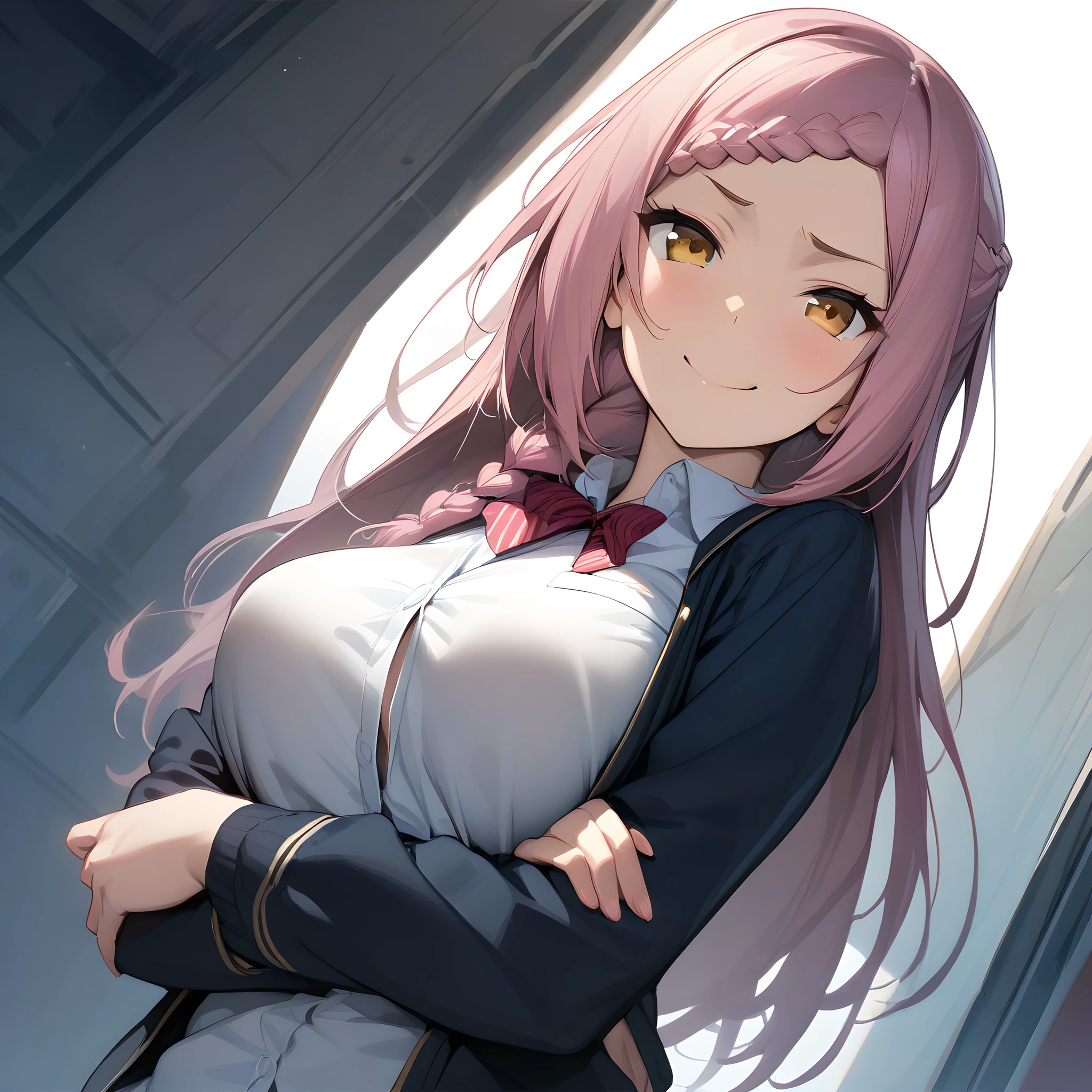 (masterpiece),(best quality),(ultra-detailed),(best illustration),(best shadow),(absurdres),(detailed background),(very aesthetic), yoshida_kochou, 1girl, braid, solo, breasts, long hair, large breasts, pink hair, smile, jacket, school uniform, white background, upper body, simple background, looking at viewer, shirt, white shirt standing, hands on waist, looking at viewer, smug face, large breasts, <lora:XL-YoshidaKochou:1>