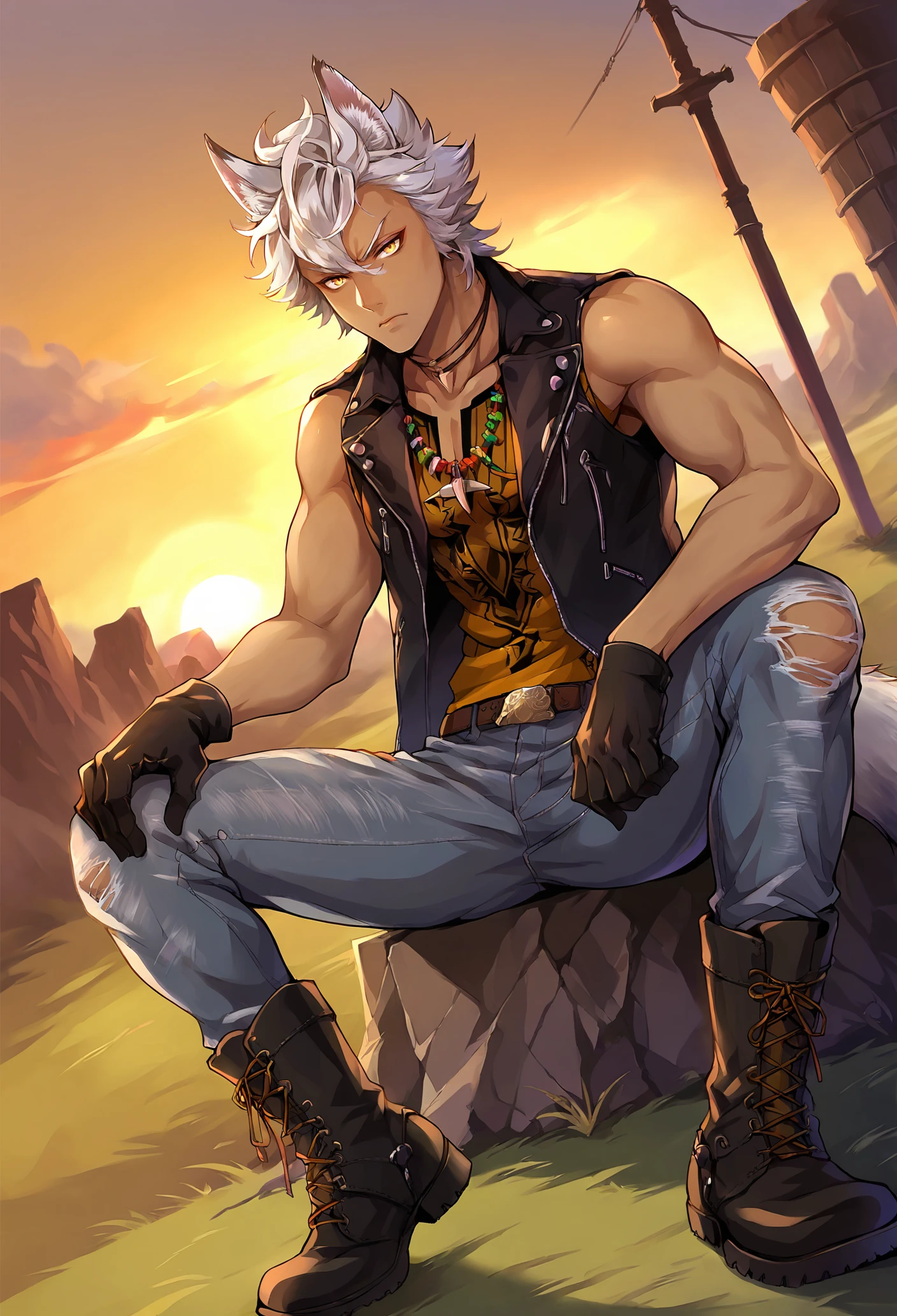 score_9, score_8_up, score_7_up,
j4ckdorm, j4ckh0wl, animal ears, wolf ears, wolf tail, white hair, yellow eyes, 1boy, male focus, animal ears, dark-skinned male, solo, dark skin,
open clothes, torn clothes, leather, sleeveless jacket, sleeveless shirt, denim, black gloves, boots, necklace, jewelry,
outdoors, sunset,
focused, serious, looking at viewer, dutch angle,
sitting, spread legs,
<lora:Jack_Howl:0.9>