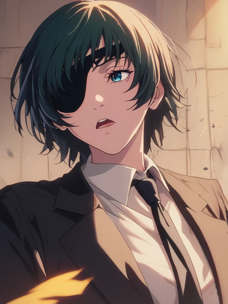 score_9, score_8_up, score_7_up, volumetric lighting, himeno, a man and a woman are looking at each other, 1girl, solo, short hair, open mouth, bangs, black hair, white shirt, collared shirt, black jacket, looking to the side, eyepatch, formal, black necktie, suit jacket, <lora:chainsawman_pony_v1-1_mx:0.9>