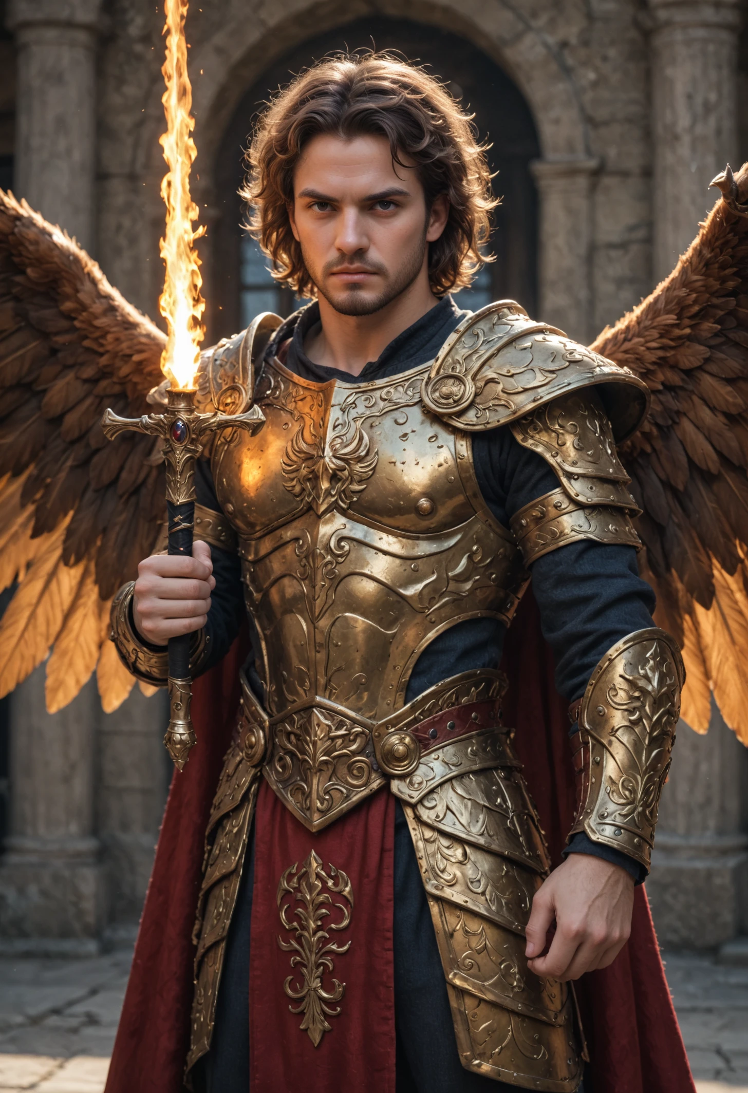 score_9,score_8_up, a human male paladin holding a flaming sword, muscular, shaggy hair, scruffy beard, ornate armor, wings, fantasy, intricate, elegant, highly detailed, anger, cinematic, dynamic pose, detailed realistic photo