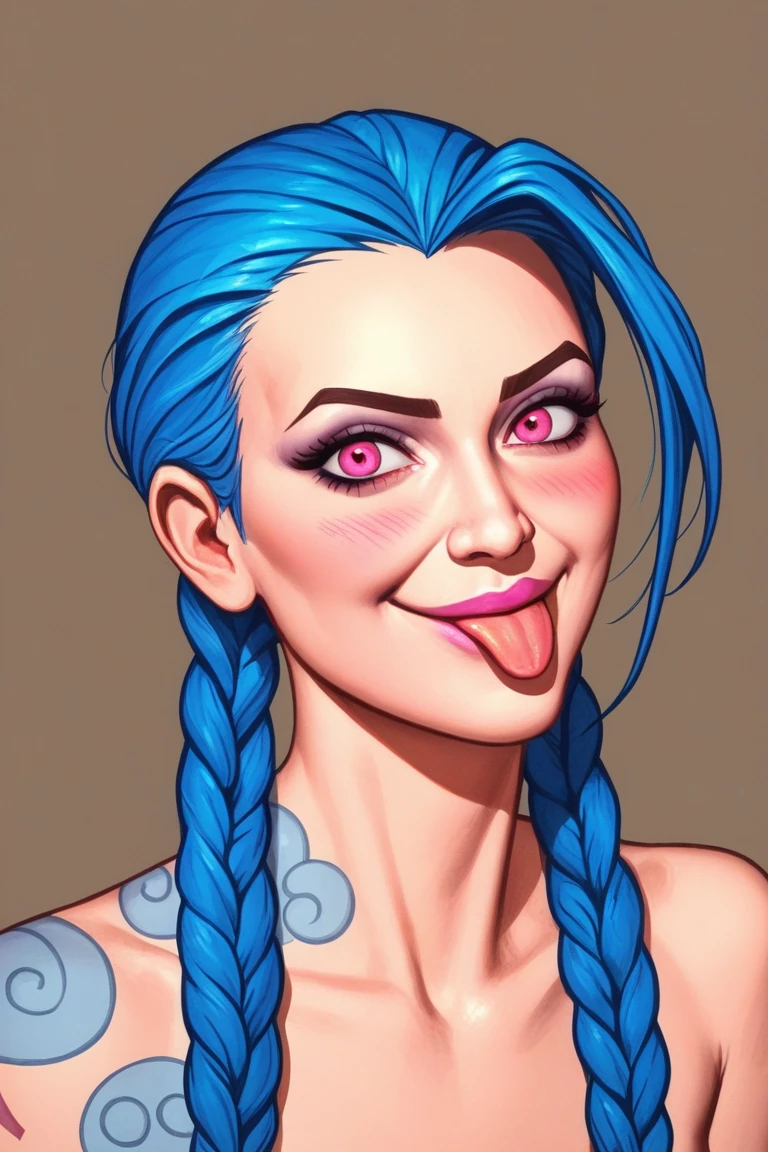 score_9, score_8, score_7, score_6, emanuele_taglietti_style,
1girl, :q, blue hair, blush, brown background, closed mouth, cloud tattoo, highres, jinx (league of legends), league of legends, long hair, pink eyes, pink lips, portrait, shoulder tattoo, simple background, smile, solo, tattoo, tongue, tongue out, twintails<lora:EMS-441358-EMS:0.900000>