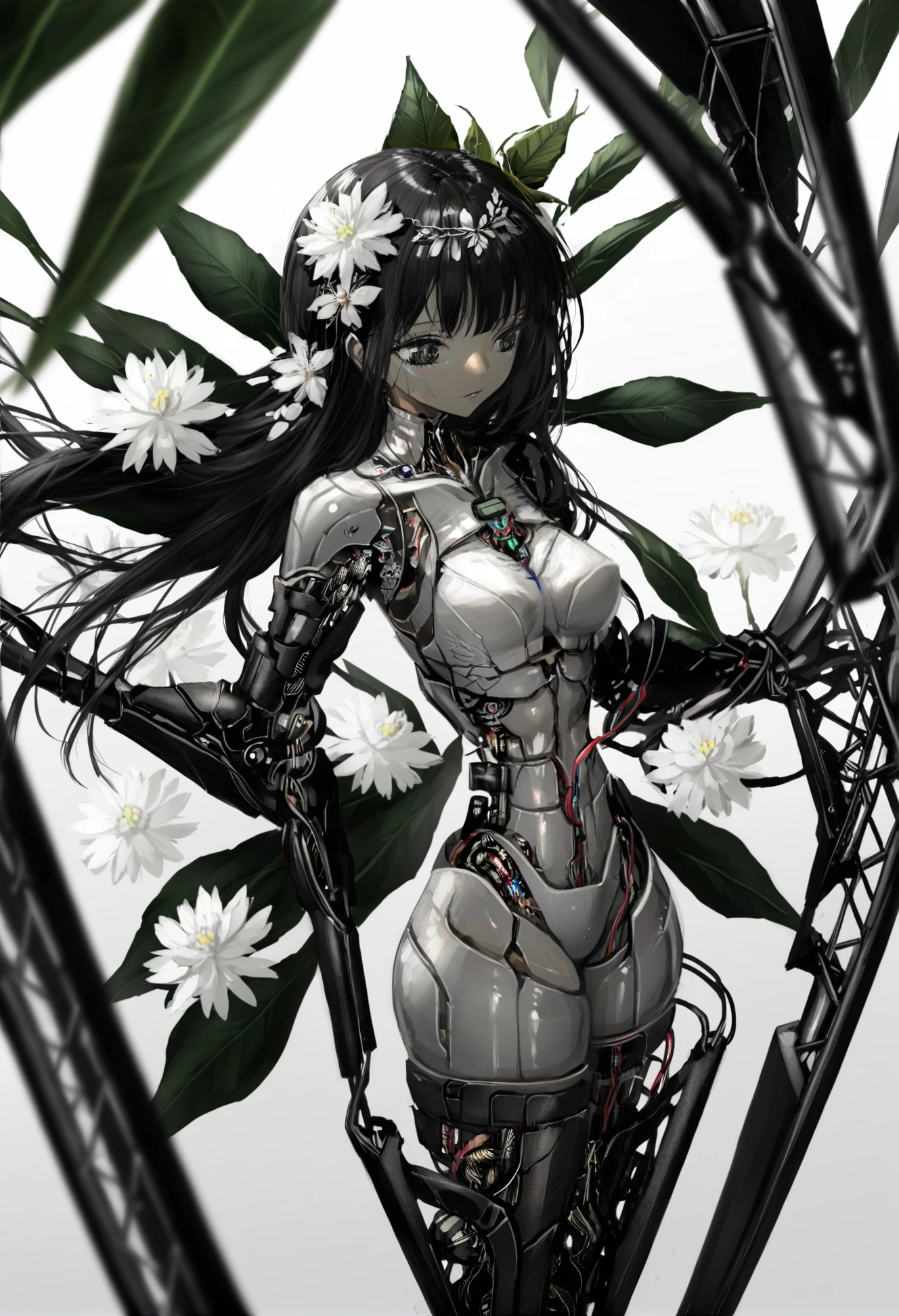 masterpiece, best quality,1girl, flower, solo, long hair, white flower, hair flower, mechanical parts, hair ornament, android, black hair, leaf, cable  
<lora:NARUEXLlokr4f-000179:0.95>