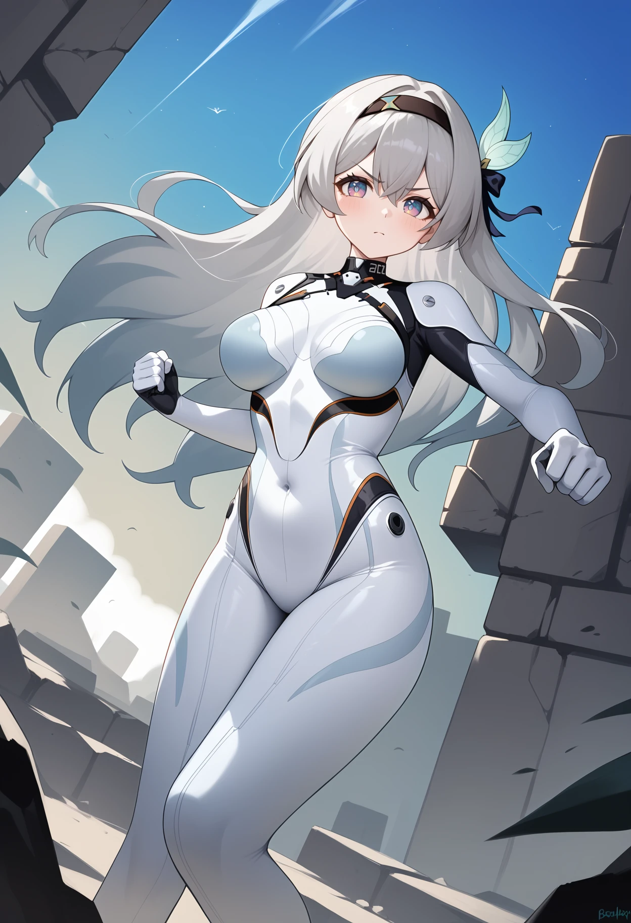 score_9, score_8_up, score_7_up, score_6_up, score_5_up, score_4_up, source_anime, aahotaru, long hair, grey hair, black hairband, hair ornament, hair ribbon, multicolored eyes, breasts, white bodysuit, plugsuit, <lora:hotaru_(firefly)_ponyxl_v1:0.9>, ruins, outdoors, fighting stance, clenched hands, serious,