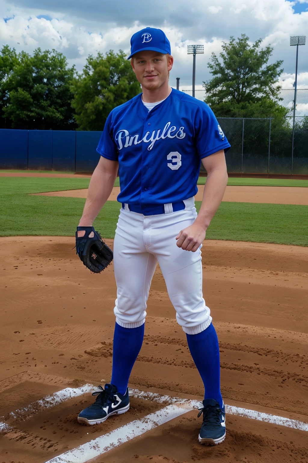 baseball field, outdoors, standing, strawberry blonde hair, RileyPrice is a baseballplayer, slight smile, royal blue baseball uniform, (royal blue jersey:1.3), white pants, (royal blue socks), long socks, royal blue baseball cap, (black sneakers), ((mitt)), ((full body portrait)), wide angle  <lora:Clothing - Sexy Baseball Player:0.65>  <lora:RileyPrice:0.8>