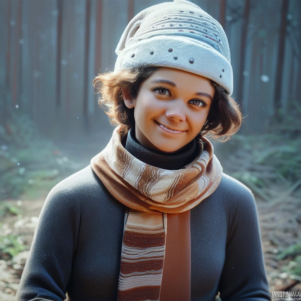 score_9, score_8_up, score_7_up, score_6_up, Tina-Amour, 1girl, solo, petite, looking at viewer, smile, short hair, brown hair, brown eyes, turtleneck, scarf, winter hat, long sleeves, portrait, upper body,