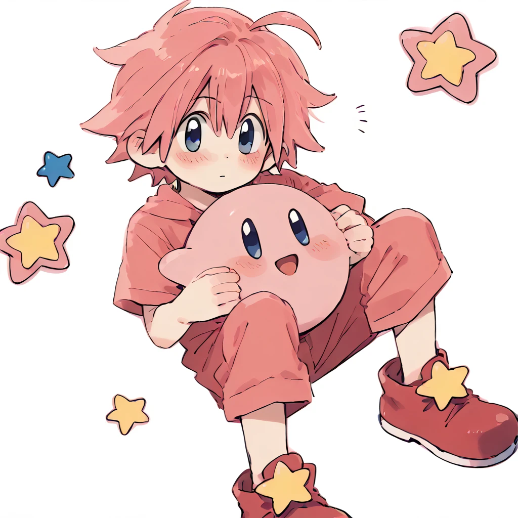 <lora:Kirby_Gijinka:1> pink hair, solo, blue eyes, 1boy, short hair, star (symbol), ahoge
 <lora:LongKirby:0.8> LongKirby, dark blue eyes, pink body, blush, red shoes