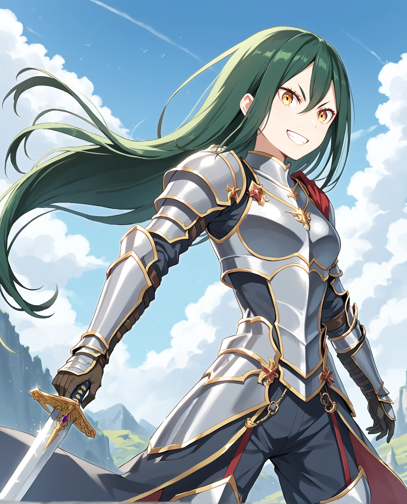 <lora:Crusch_ReZero:1>, long hair, crusch, dark green hair, yellow eyes, armor, grin, sky, sword, score_9