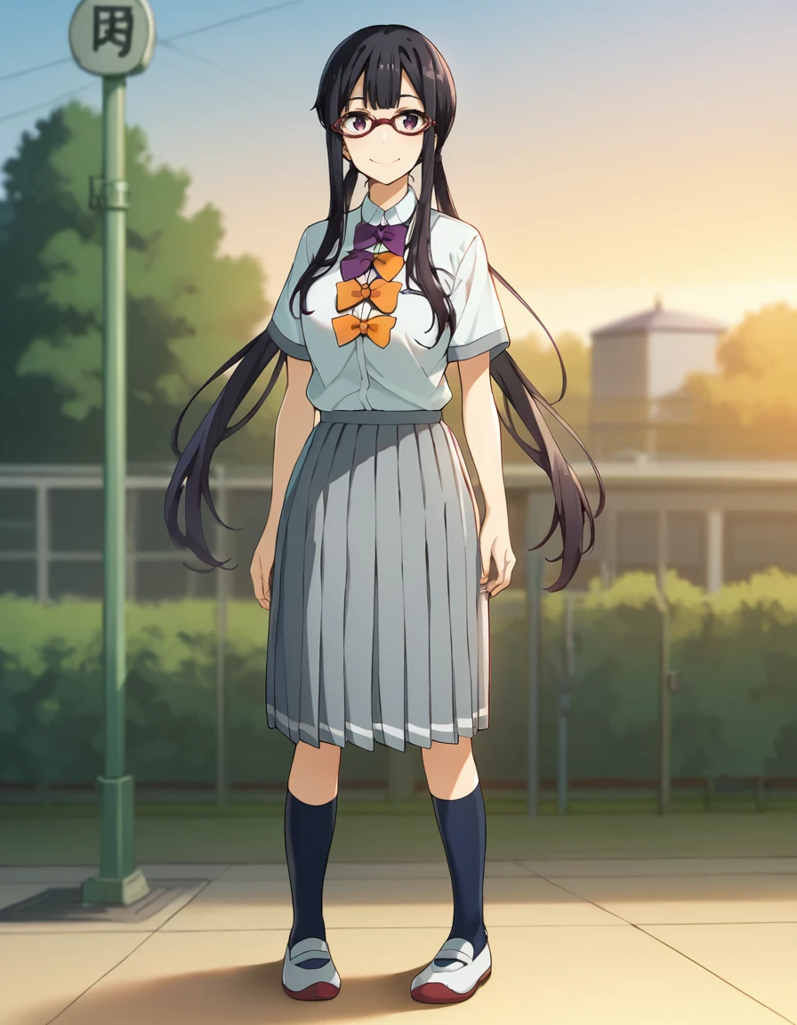 score_9, score_8_up, score_7_up, source_anime, BREAK
1girl, solo, looking at viewer, blurry background, outdoors, sunset, standing, school, full body,
koto tsukinoki, long hair, black hair, twintails, sidelocks, glasses, purple eyes, light smile,
school uniform, white collared shirt, short sleeves, purple bow, orange bow, grey pleated skirt, blue kneehighs, uwabaki,
<lora:koto_tsukinoki_anime-soralz:1>