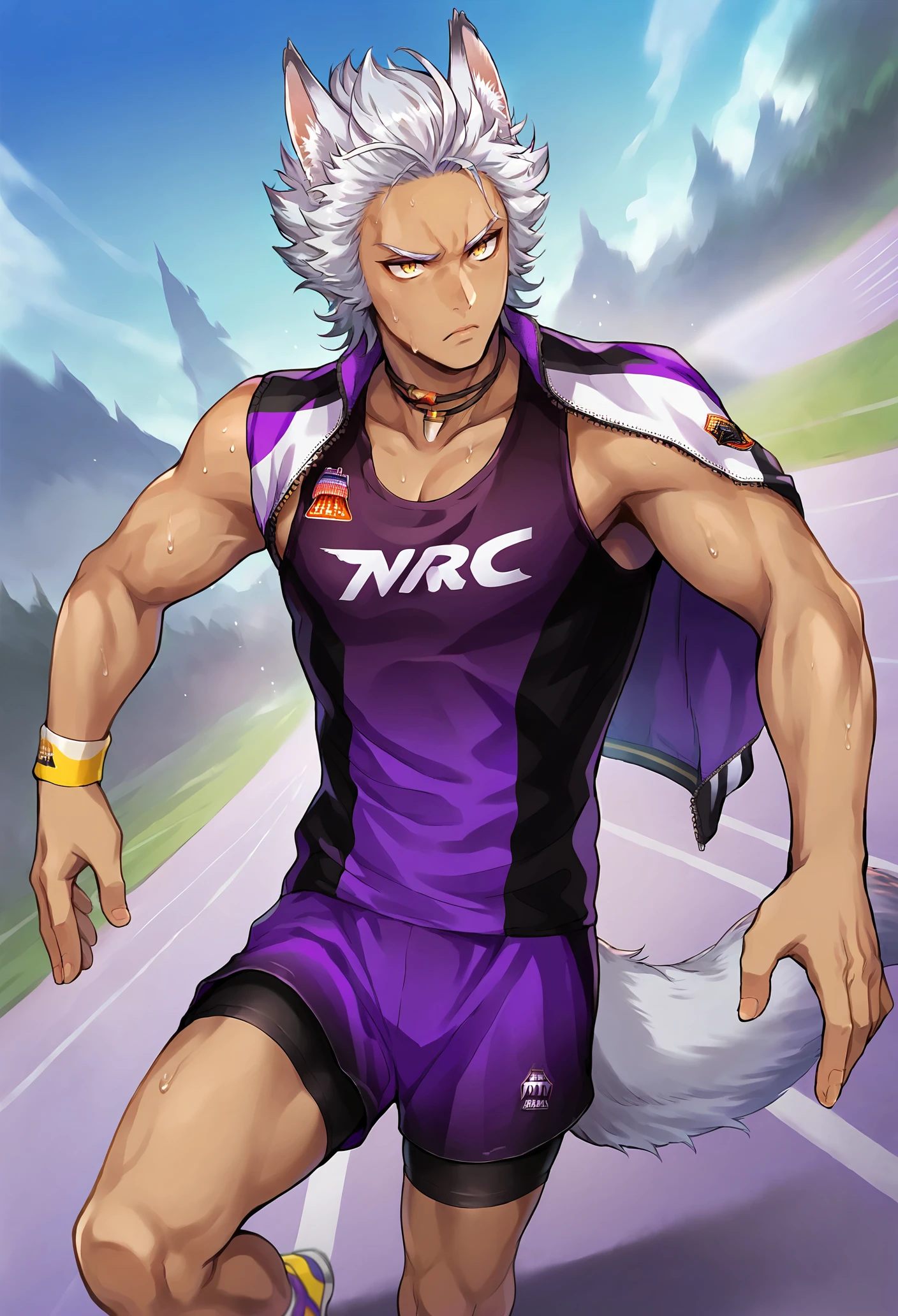 score_9, score_8_up, score_7_up,
j4ckclub, j4ckh0wl, animal ears, wolf ears, wolf tail, white hair, yellow eyes, 1boy, male focus, animal ears, dark-skinned male, solo, dark skin,
sportswear, jacket on shoulder, sleeveless shirt, purple shirt, bike shorts, yellow sneakers, necklace,
outdoors, track field, grass,
focused, serious, 
running, sweating,
<lora:Jack_Howl:0.9>