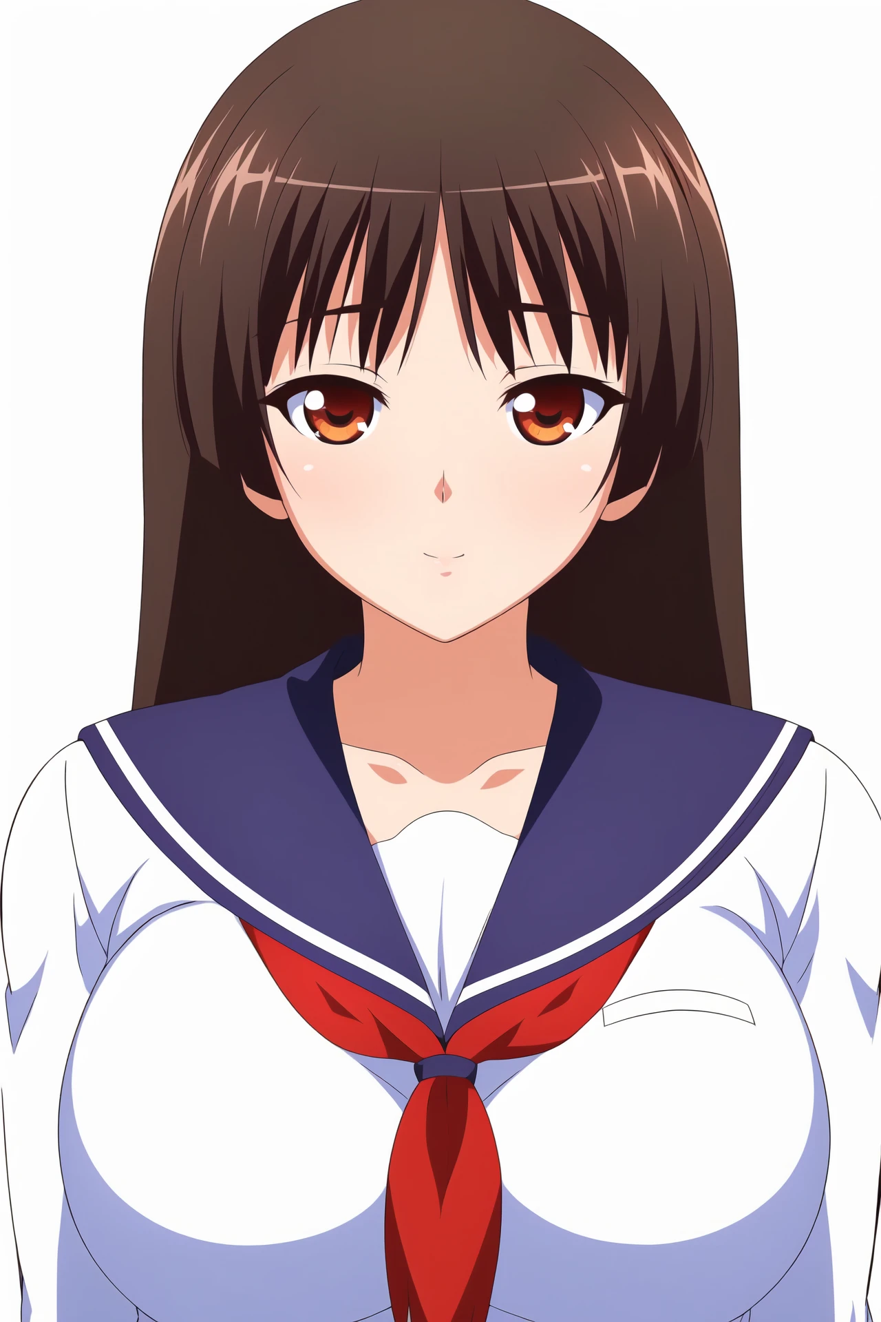Simple Background,(White_Background:1.1),
dynamic pose,standing at attention,
blue sailor collar, serafuku, long sleeves, red neckerchief, pleated skirt, white shirt, blue skirt,Black pantyhose,
<lora:Hatsune_Aoyama_JKGiin-KK77-V1:0.7>,
brown eyes, black hair,bangs,Long hair,
<lora:more_details:0.1>,<lora:NovelAI_YesMix5_KKStyle-KK77-Yes5-V1:0.3>,
1 girl, 20yo,Young female,Beautiful long legs,Beautiful body,
Beautiful Nose,Beautiful character design, perfect eyes, perfect face,expressive eyes,perfect balance,
looking at viewer,(Focus on her face),closed mouth, (innocent_big_eyes:1.0),(Light_Smile:0.3),
official art,extremely detailed CG unity 8k wallpaper, perfect lighting,Colorful, Bright_Front_face_Lighting,White skin,
(masterpiece:1.0),(best_quality:1.0), ultra high res,4K,ultra-detailed,
photography, 8K, HDR, highres, absurdres:1.2, Kodak portra 400, film grain, blurry background, bokeh:1.2, lens flare, (vibrant_color:1.2),professional photograph,
(Beautiful,large_Breasts:1.4), (beautiful_face:1.5),(narrow_waist),