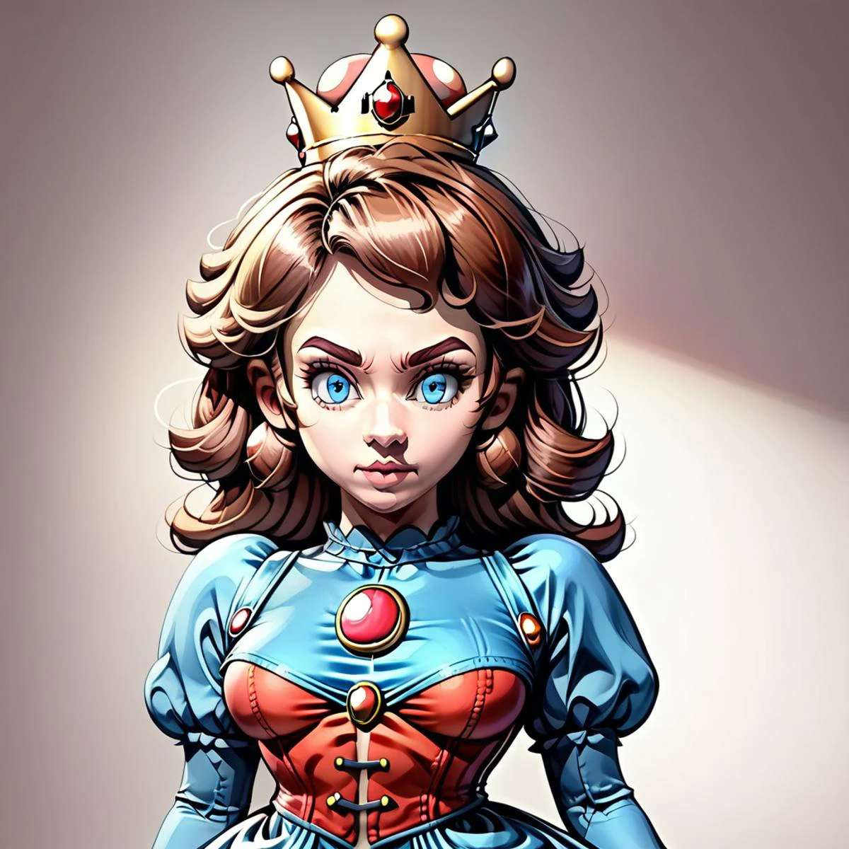 solo, 1woman, even lighting, no glow, no aura, Mariette, facing forward, adult woman, brown hair, lightly curly hair, blue eyes, average bust, wide hips, princess dress, red underbust corset, blue dress, super crown,