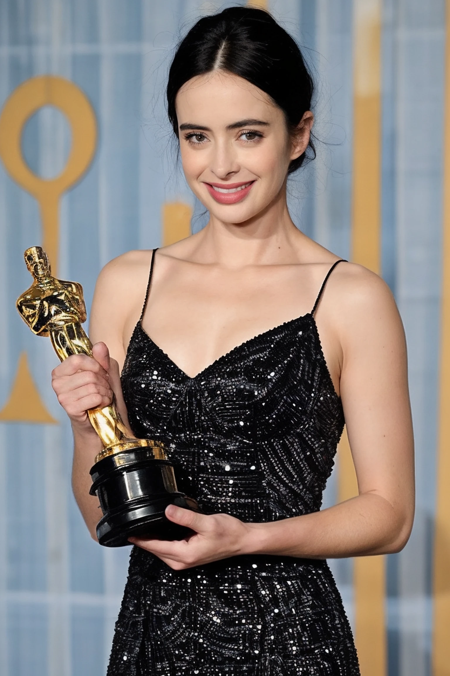 1girl, A radiant actress holding her Oscar trophy with a proud smile, wearing a modest gown adorned with silk, on stage, soft light, detailed face, (photorealistic, absurdres, best quality, masterpiece:1.4), (high detailed skin:1.3)
 <lora:PAseer-SD15-LCM Quick:0.8> <lora:krysten_ritter_lora_v01:1> ritter81, black hair, brown eyes