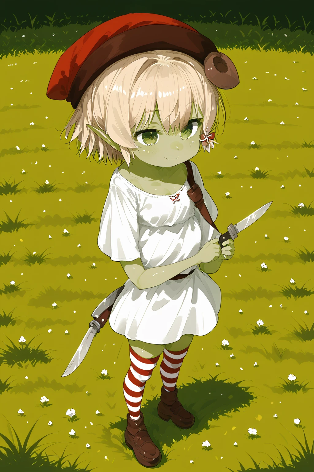 wasabi,yellow hair,green eyes,green skin,colored skin,pointy ears,goblin girls,red hat,white shirt,white dress,holding knife,1girl,solo,short hair,full body,striped thighhighs,brown shoes,standing,grass,smile,<lora:wasabi-XL:1>,