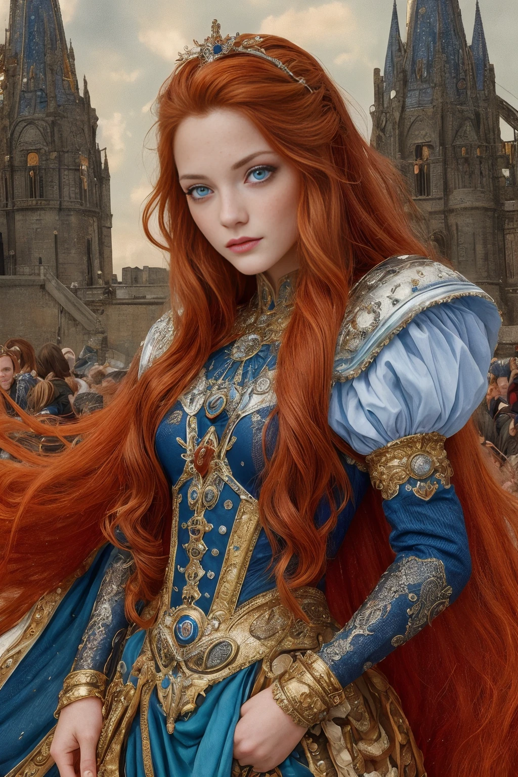 in the style of Salvador Dali, best quality, masterpiece,   (opt-minianden2000s <lora:opt-minianden2000s:1>, auburn hair, blue eyes, freckles):1, (full body:0.6), detailed background, a kingdom ruled by a powerful enchantress, epic atmosphere, <lora:detail_slider_v4:1>