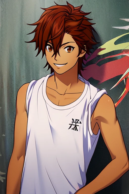 (masterpiece),(best_quality),1boy,Fudou,bare shoulders,white sleeveless shirt,kanji,smile,<lora:Fudou:1>,