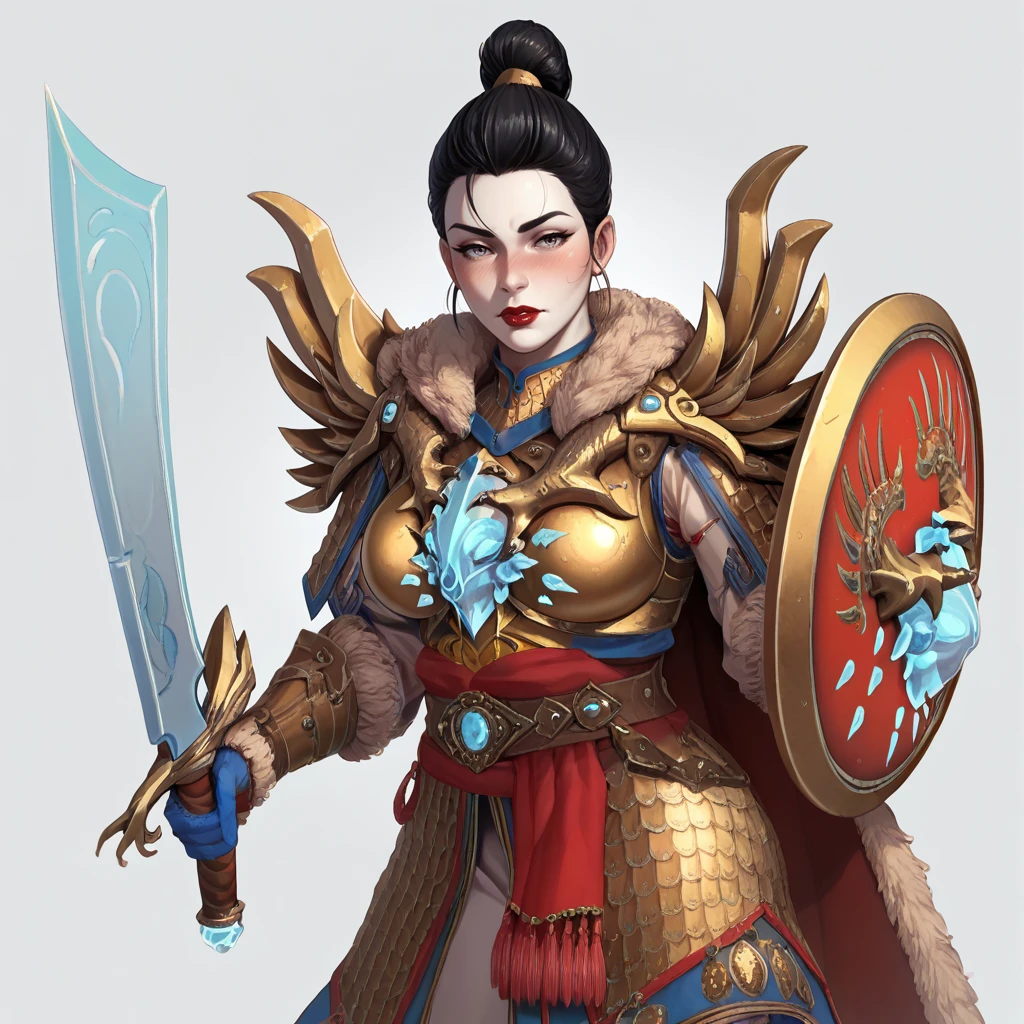 score_9, score_8_up, score_7_up, cowboy shot,
GoldenKnight, solo, armor, holding sword, holding shield,
mature woman, voluptuous, looking at viewer, blush,
black hair, short hair, pale skin, red lips,
 <lora:GoldenKnight_PonyXL:1>