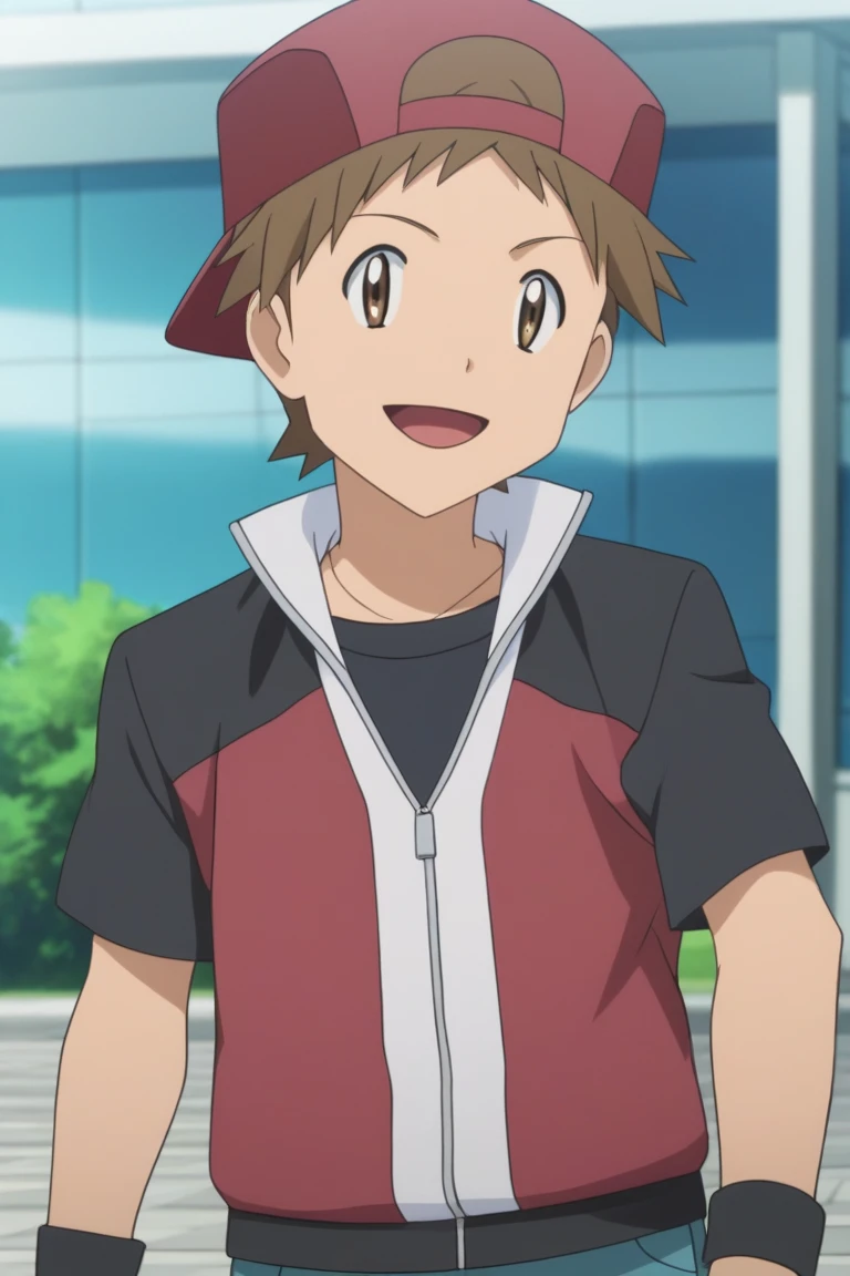 score_9, score_8_up, score_7_up, score_6_up, masterpiece, best quality, amazing quality, best aesthetic, absurdres, intricate details, detailed face, source_anime, red_origins, brown hair, brown eyes, black shirt, red vest, 1boy, male focus, hat, baseball cap, solo, wristband, open mouth, smile, backwards hat, short sleeves, fake screenshot, anime coloring, :d, parody<lora:EMS-440908-EMS:1.000000>