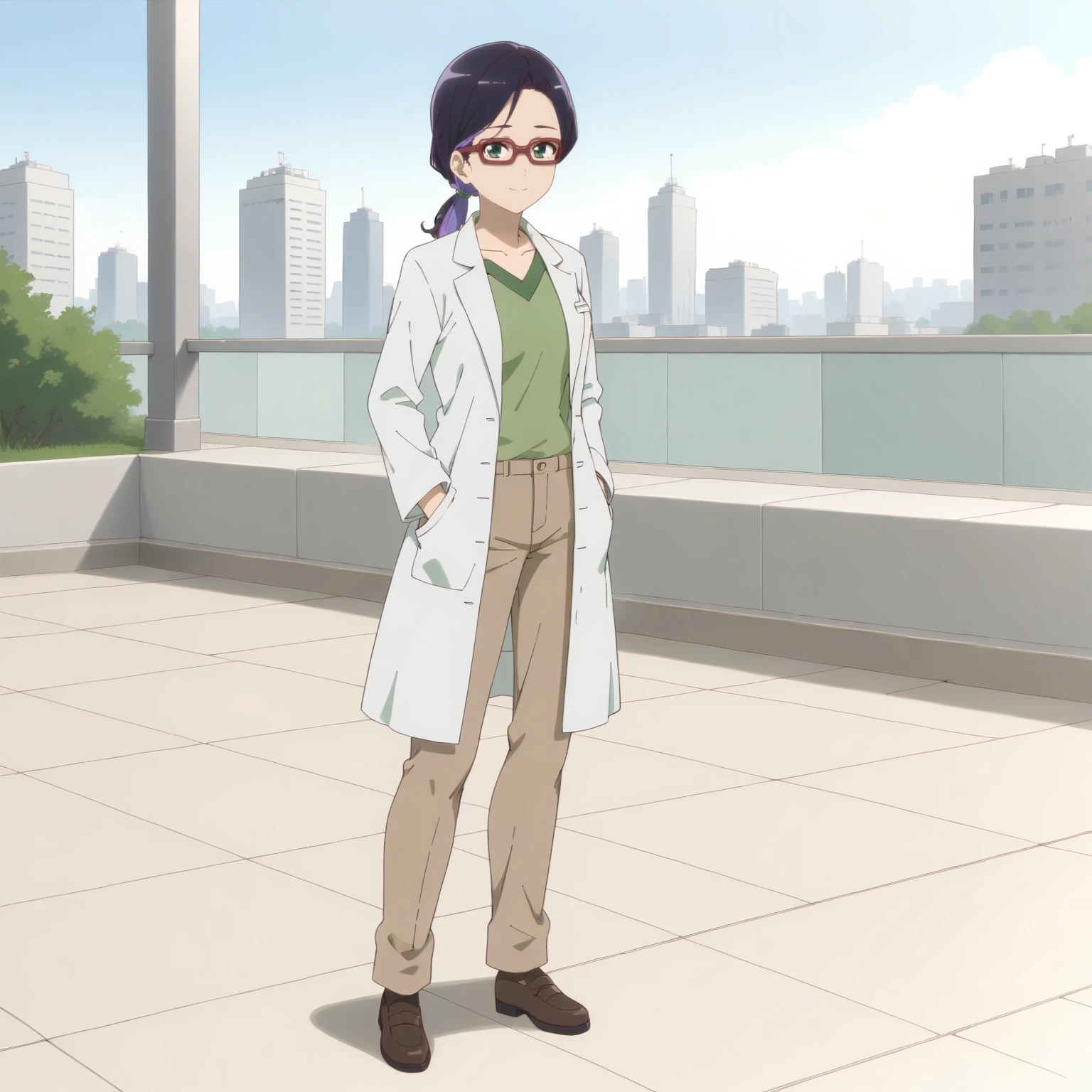 <lora:NCfY_JyoiXLpony001>,
smile,
solo,
Jyoi,1girl,multicolored hair,black hair,purple hair,low ponytail,green eyes,red-framed eyewear,
lab coat,green shirt,
brown pants,
outdoors,
full body,standing,