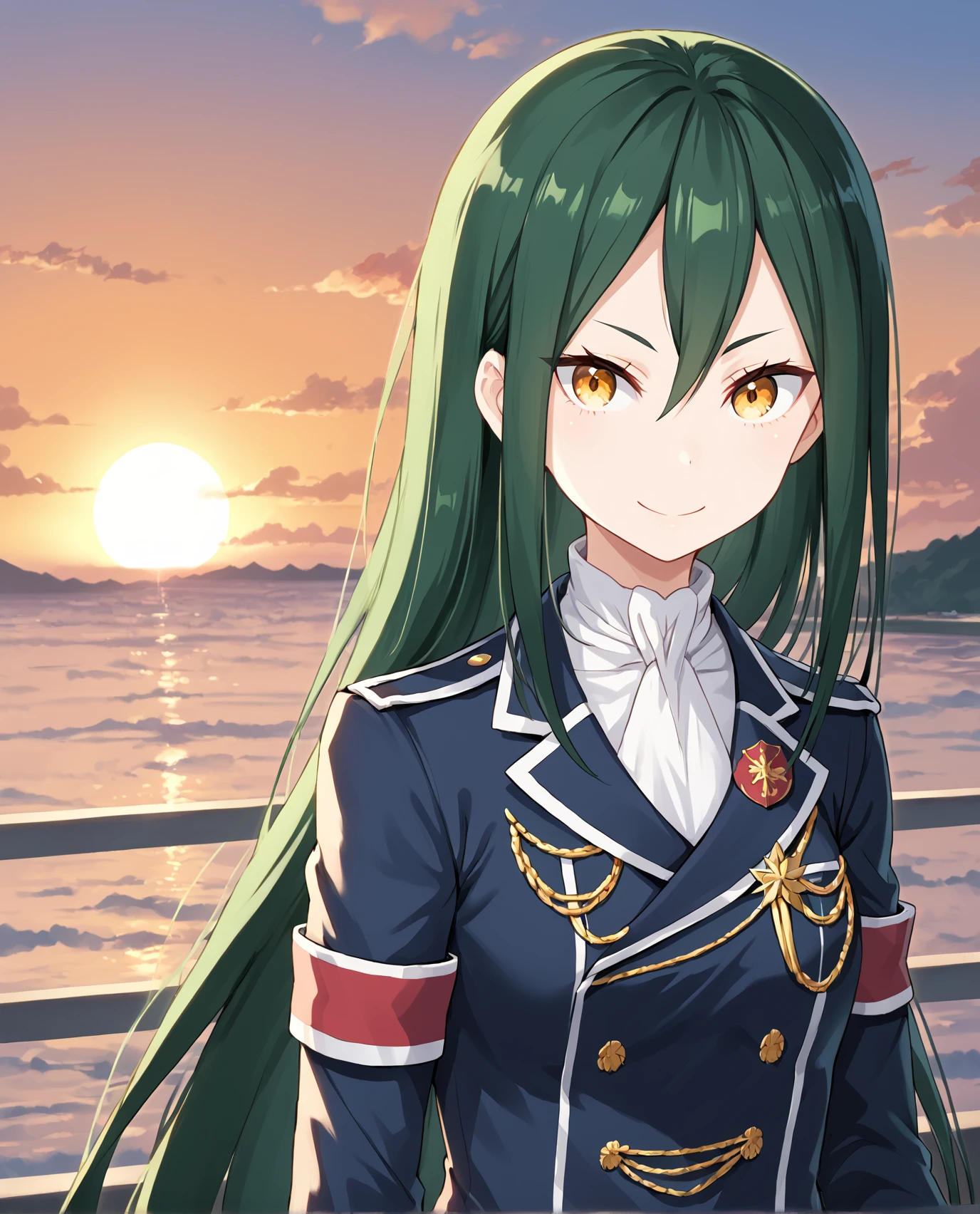 <lora:Crusch_ReZero:1>, long hair, crusch, dark green hair, yellow eyes, face, smile, uniform, sunset, score_9