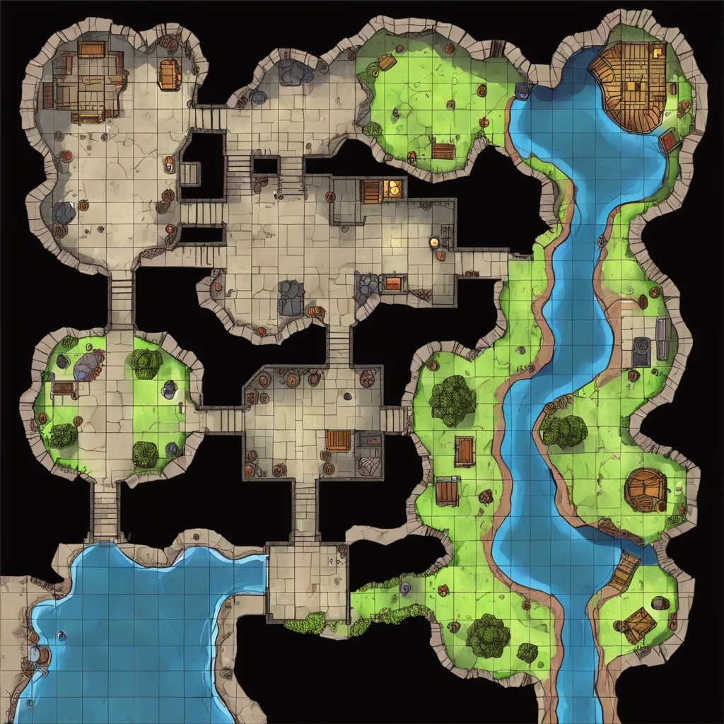 battlemap, best quality, masterpiece, dungeon map of a natural cave and some constructed rooms, a stream running through one room  <lora:SDXL-Battlemaps:0.6>