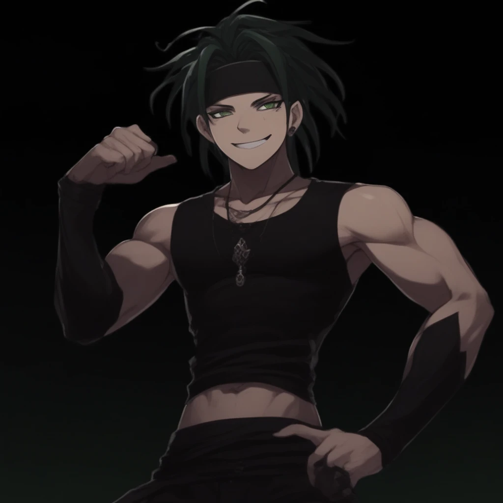 1boy, male focus, dark green hair, sleeveless, toeless legwear, Purple Eyes, Dark Green Hair, bare shoulders, Black Croptop, looking at viewer, solo, navel, evil smile, headband, midriff