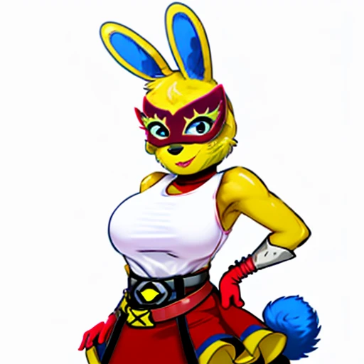 Mira \(animal crossing\, rabbit, anthro, blue rabbit tail, 1girl, yellow fur, mask, white shirt, red skirt, belt, pink lipstick, solo, sleeveless, looking at viewer, best quality, highest quality