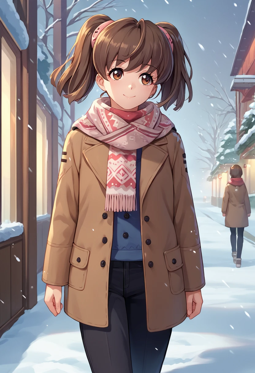 score_9, score_8_up, score_7_up, source_anime, solo, 1girl, misaki yuria, smile, looking away, walking, twintails, winter clothes, brown coat, black pants, scarf, snowing, outdoors <lora:spacebattleship_misaki_ponyXL:1>