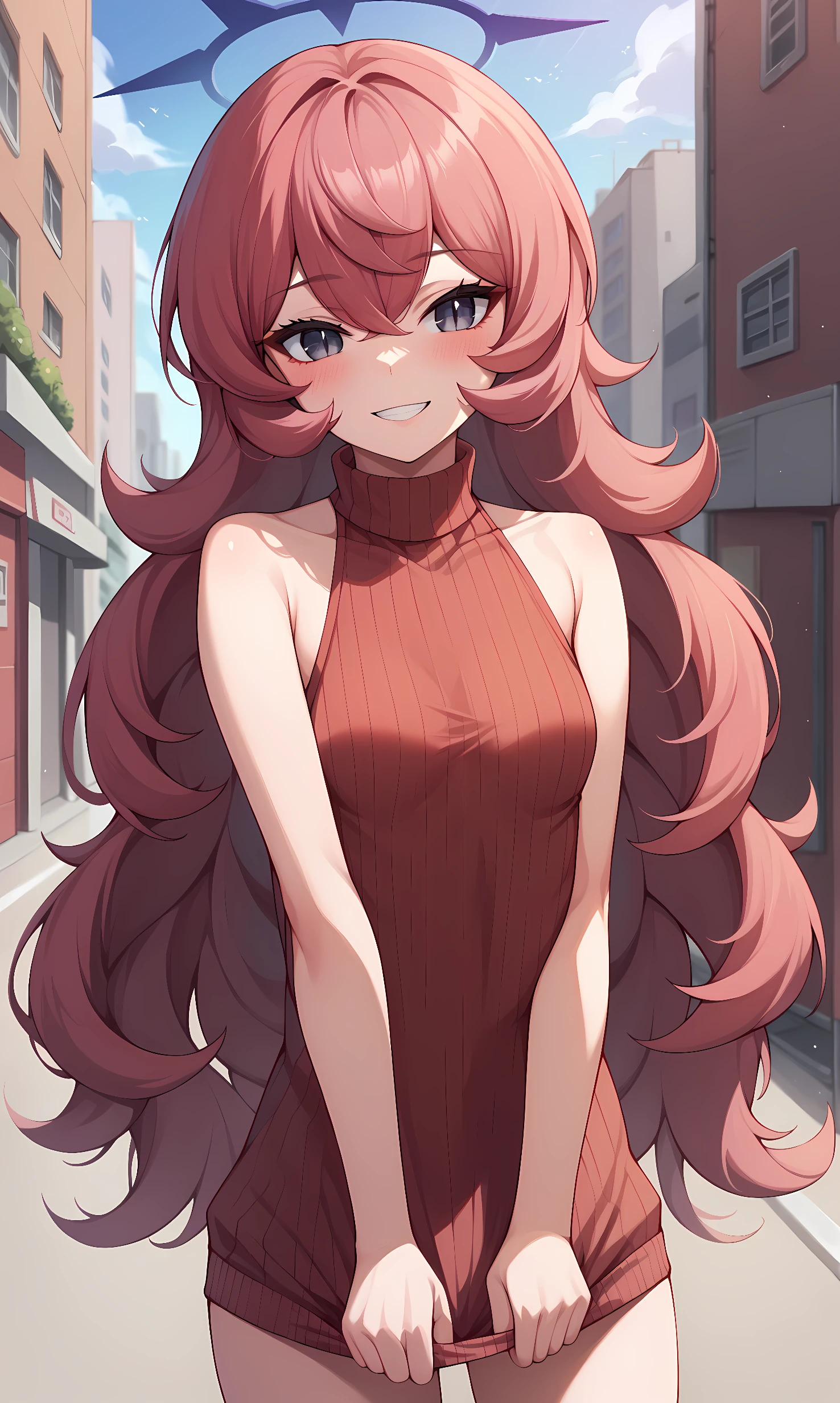 score_9, score_8_up, score_7_up, score_6_up, score_5_up, score_4_up, BREAK source_anime, 1girl, solo, outdoors, street, cowboy shot, looking at viewer, iroha, black eyes, slit pupils, very long hair, wavy hair, halo, ribbed sweater, turtleneck, sleeveless, sweater dress, smile, blush, standing