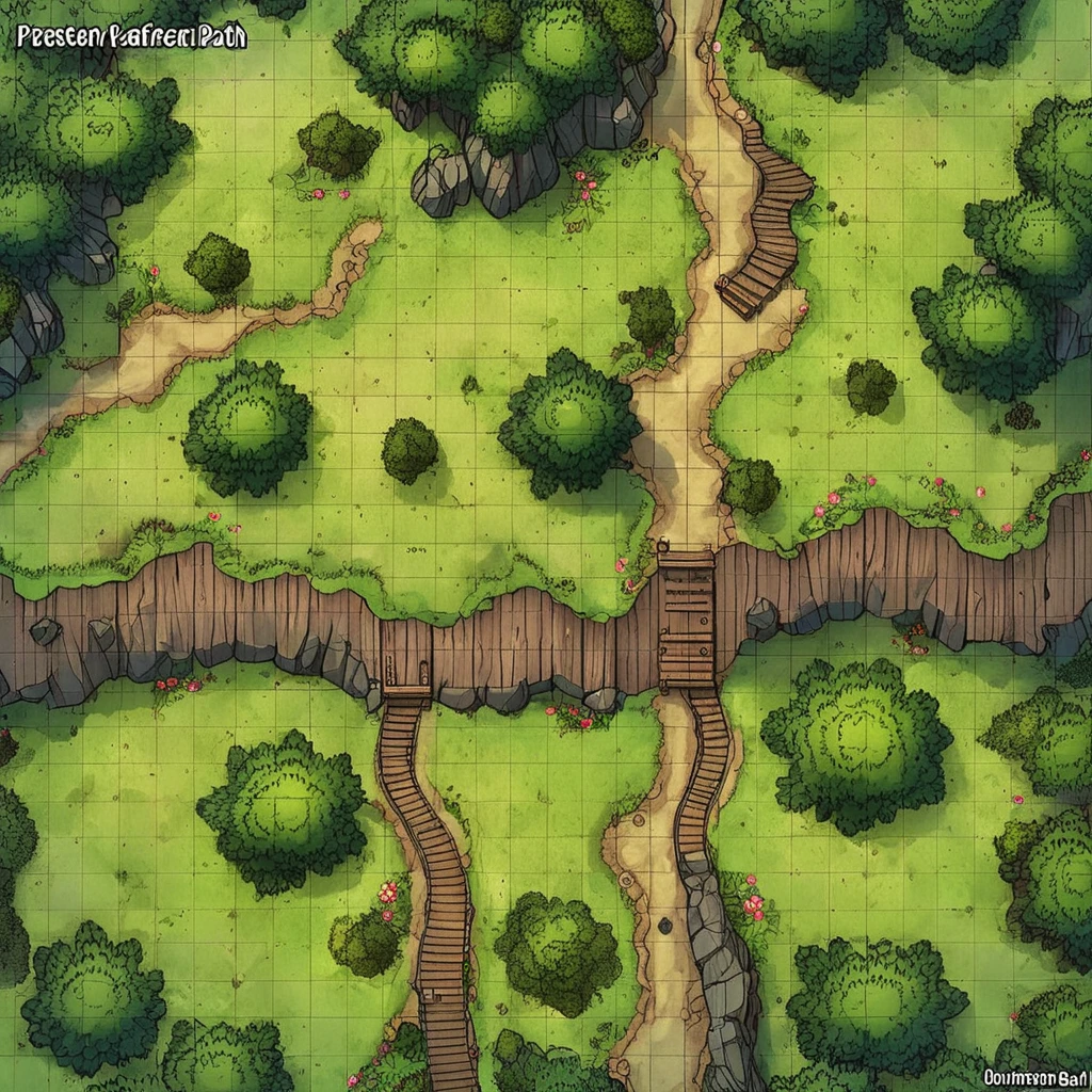 battlemap, best quality, masterpiece, map of a forest path with cliffs on both sides, wooden palisade, clearing in the center  <lora:SDXL-Battlemaps:0.6>