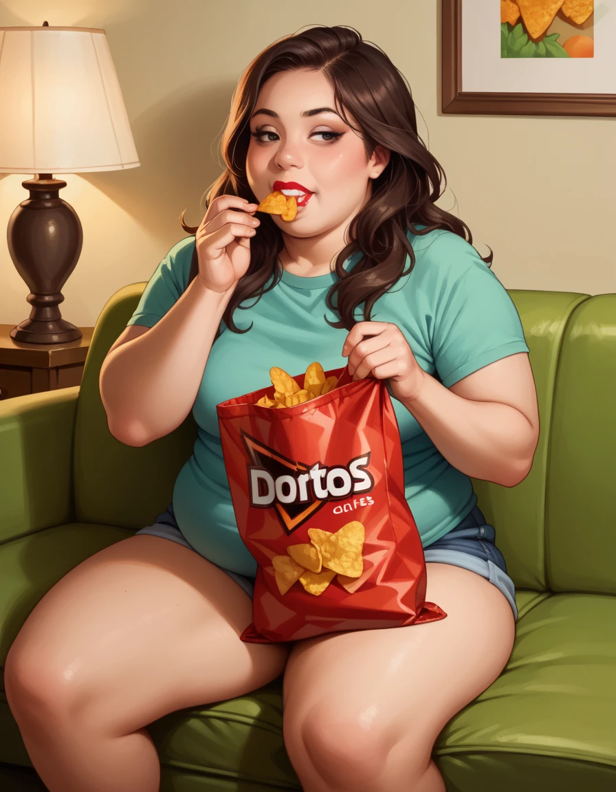 score_9, score_8_up, score_7_up, score_6_up, score_5_up, score_4_up, 1girl, solo, makeup, lipstick, couch, lamp, fat, hud_d0ritos, food, eating, Doritos, holding bag of chips <lora:d0ritos-000008:0.8>