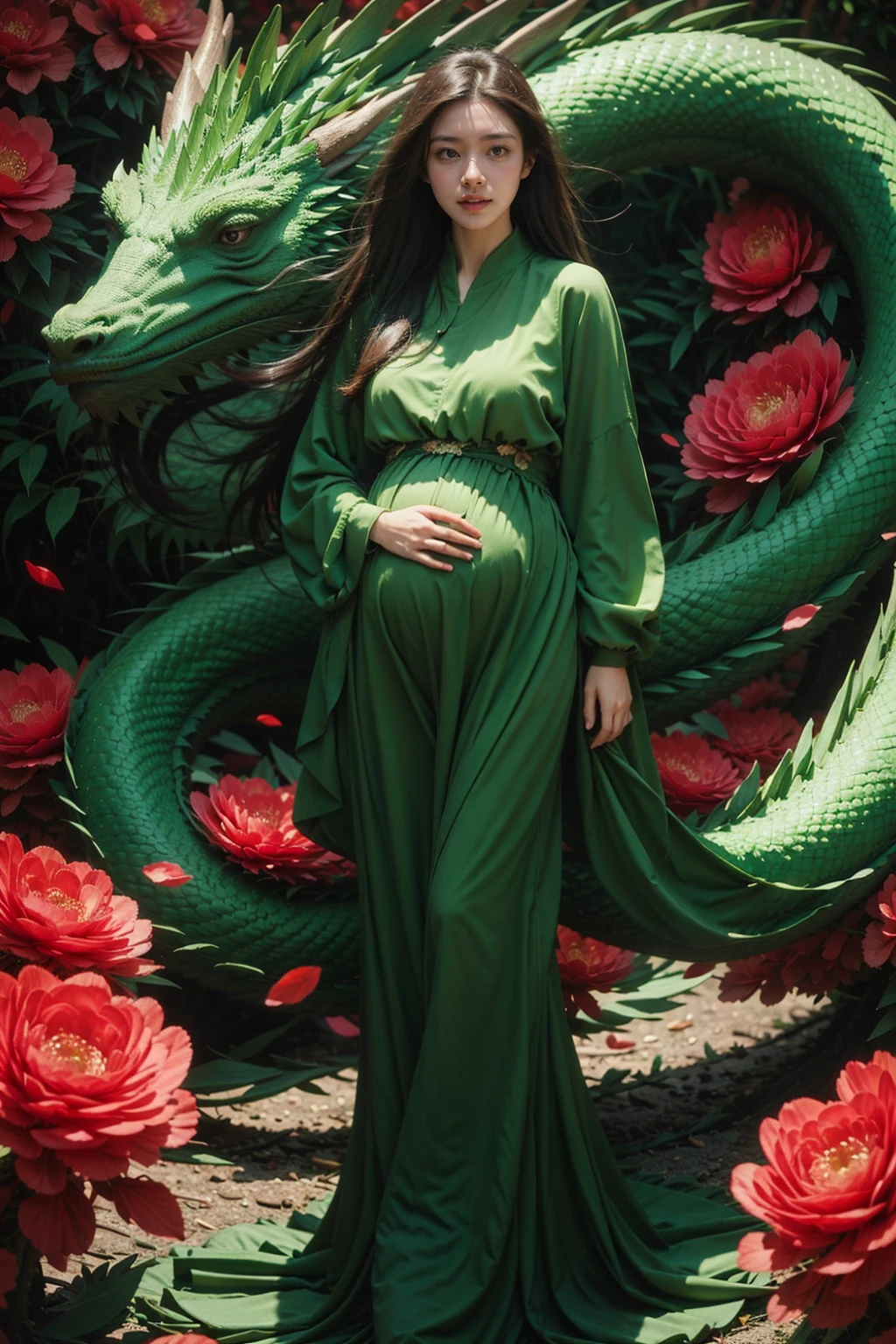 1girl, full body, green dragon dress, flower,pregnant,  <lora:JAY - GREEN DRAGON DRESS:0.7>