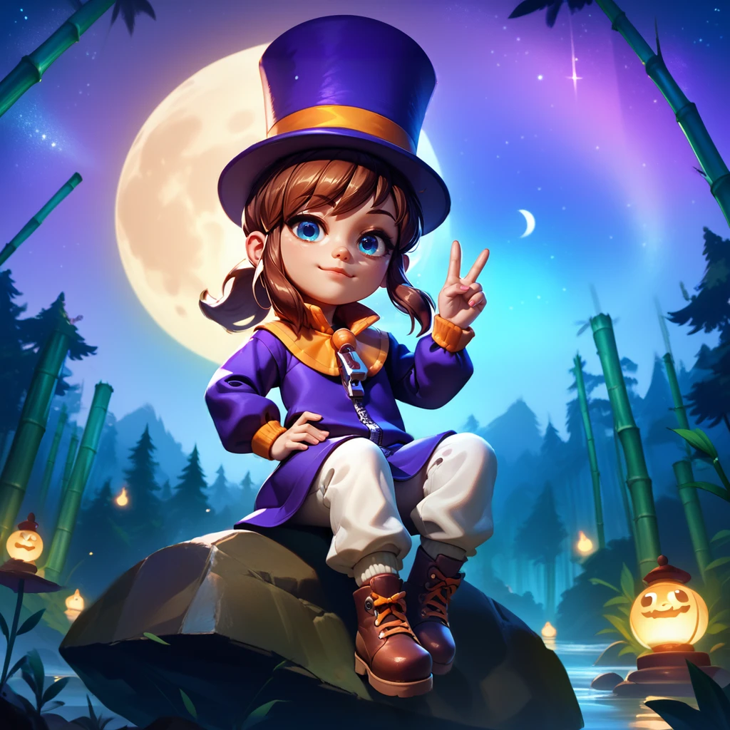 <lora:hatkid:1>,1girl,solo,hat-kid,brown hair,sidelocks,ponytail,blue eyes,purple top hat,purple dress,zipper pull tab,white pants,brown footwear,
bamboo forest,night,night sky,star \(sky\),moon,
full body,looking at viewer,hand up,v,hand on own hip,sitting on rock,swinging legs,smile,closed mouth,giggling,, score_9, score_8_up, score_7_up, perfect anatomy, source_anime, zPDXL2,