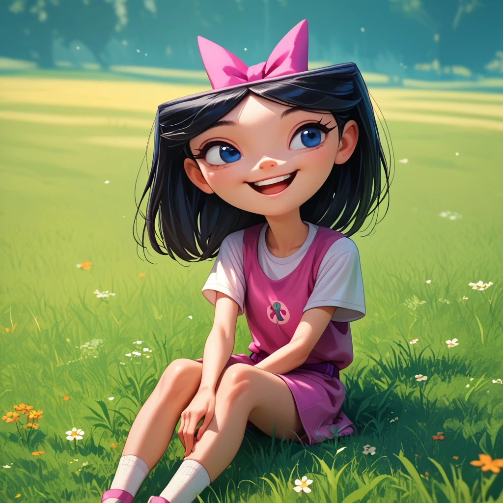 score_9, score_8_up, score_7_up, score_6_up, score_5_up, score_4_up, 1girl, Isabella, sitting on grass, happy, black hair, Hair bow