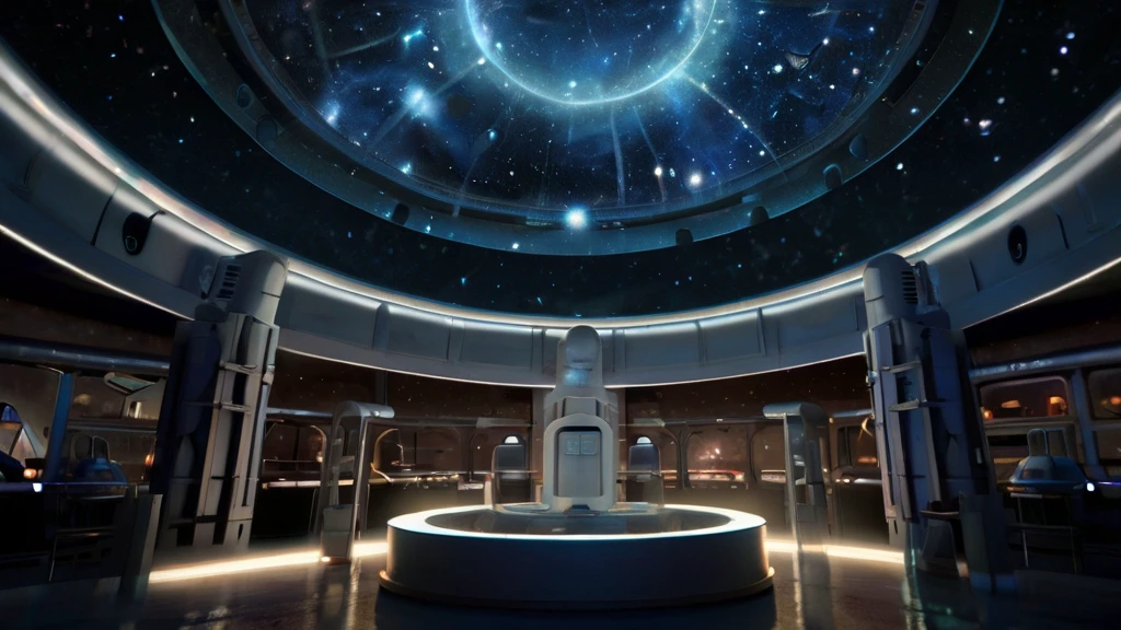 A realistic depiction of a backroom level known as "The Celestial Observatory." The scene features a vast, circular chamber with a transparent domed ceiling, revealing an alien night sky filled with unfamiliar constellations and swirling nebulae. The walls are adorned with advanced alien machinery and glowing star maps. In the center of the room stands an enormous, iridescent metal telescope surrounded by alien control panels. Ethereal, translucent beings float around, shimmering with a ghostly silver light. The photo is taken with an iPhone, capturing the fine details of the telescope and the alien machinery.