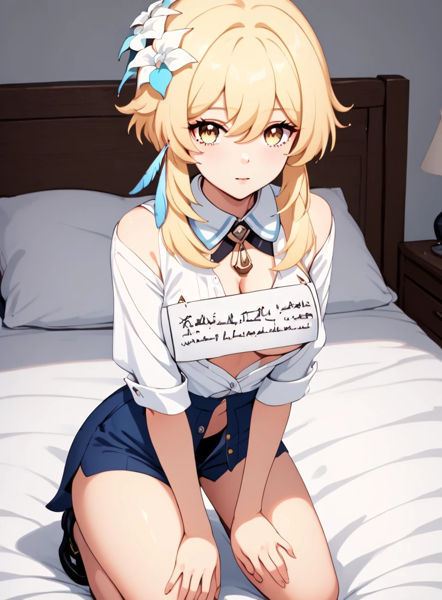 (petshaming),
Kneeling on bed of her cozy bedroom, a girl put her hands on thighs, (sign around neck), lower head, wearing white shirt, (unbuttoned shirt:1.4), underboob, looking at viewer, ,
  lumine \(genshin impact\). The girl has yellowish white skin, middle blonde hair with long bangs and hair between eyes, she has yellow eyes, wearing feather hair ornament and hair flower, she has tender and slender body with medium breasts and cleavage, bare shoulders and detached collar,  <lora:genshin-lumine-2024-short-ponyxl-lora-nochekaiser:0.8>,<lora:PetShaming_Pony-000008:1>, score_9, score_8_up, score_7_up,masterpiece, best quality, ultra detailed,