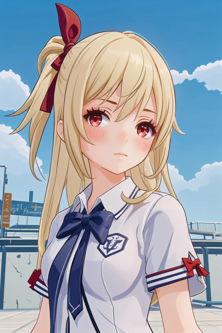 1girl,solo,blonde hair,long hair,red eyes,ribbon,two side up,hair ribbon,blush,school uniform,water,bow,sky,day,looking at viewer,outdoors,upper body,<lora:Genshin-LoRA-V2:1>,