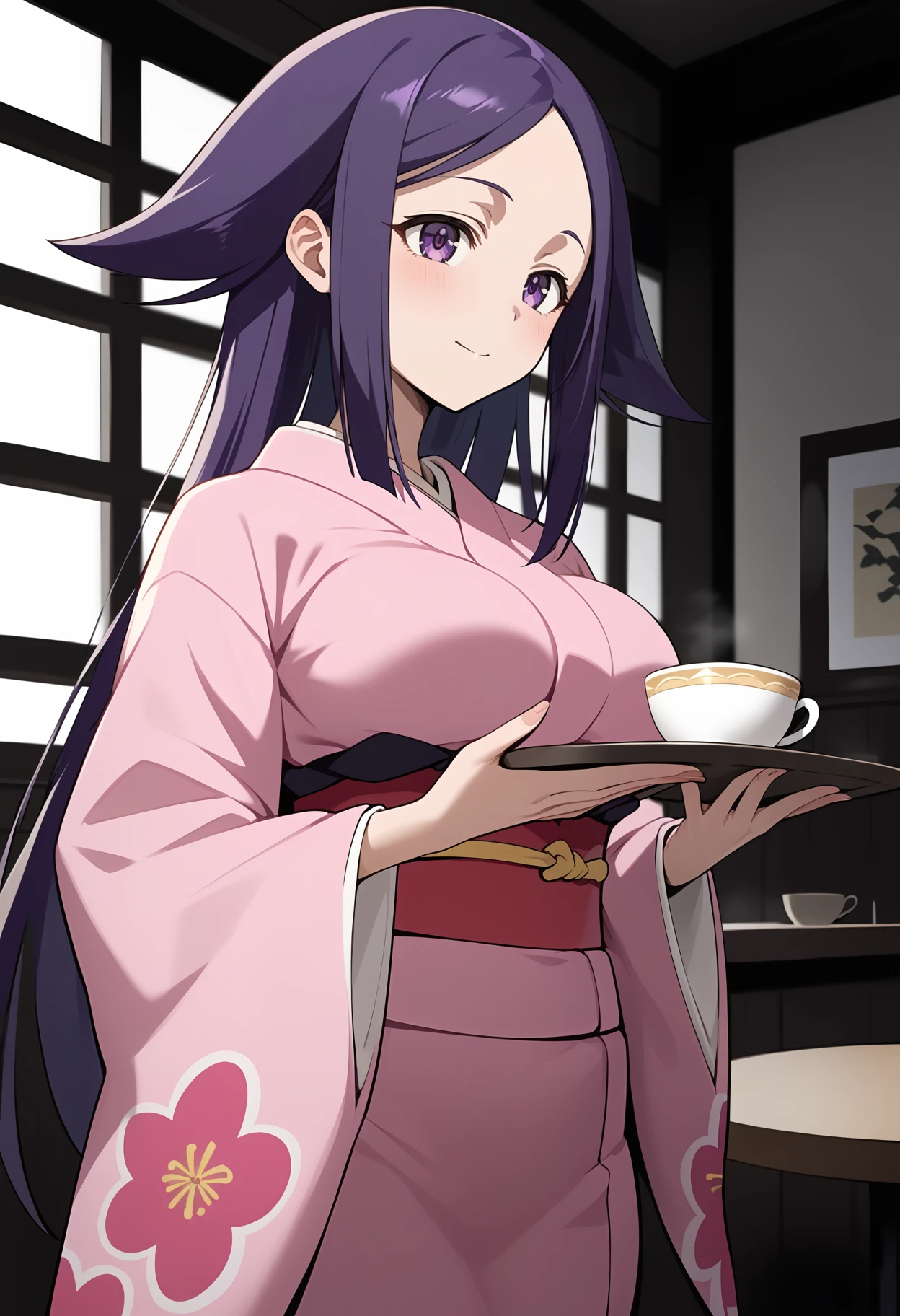 score_9, score_8_up, score_7_up, score_6_up, score_5_up, score_4_up, source_anime, aaoharu, long hair, purple hair, hair flaps, purple eyes, large breasts, japanese clothes, print kimono, pink kimono, long sleeves, obi, sash, <lora:oharu_ponyxl_v1:0.9>, indoors, cafe, holding tray, teacup,