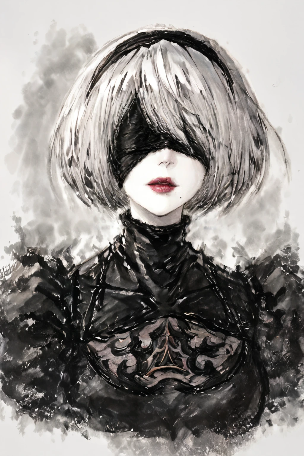 score_9,score_8_up,score_7_up,
<lora:InkStyle_Pony:0.9>,
ink wash painting,inkblot,pupps,<lora:2typeBpony20:0.7>,
2typeB,nier automata,nier \(series\),nier,yorha no. 2 type b,1girl,solo,blindfold,short hair,black blindfold,white hair,mole,dress,mole under mouth,facing viewer,black dress,turtleneck,covered eyes,red lips,portrait,nose,hairband,black hairband,lips,bangs,upper body,pink lips,artist name,parted lips,clothing cutout,puffy sleeves,closed mouth,lipstick,