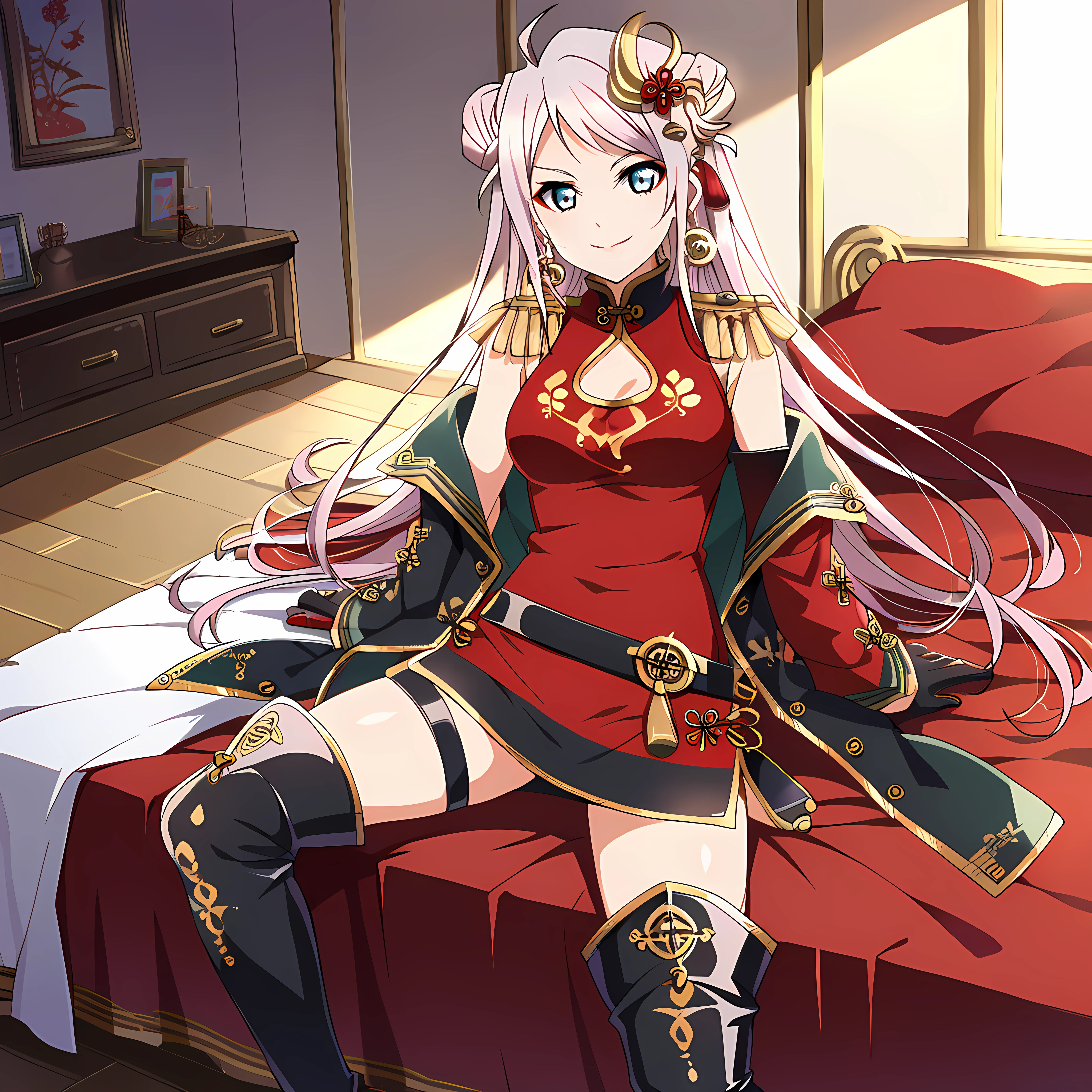 score_9,score_8_up,score_7_up, hd,source_anime,home,in bed,

1girl, solo, zhonglanshu2, two side up, makeup, smile, closed mouth, double bun, zhongcha hair ornament, zhongcha single glove, zhongcha earrings, zhongcha dress, zhongcha jacket, zhongcha belt, zhongcha thigh boots, zhongcha thigh strap, jacket on shoulders, red nails, 