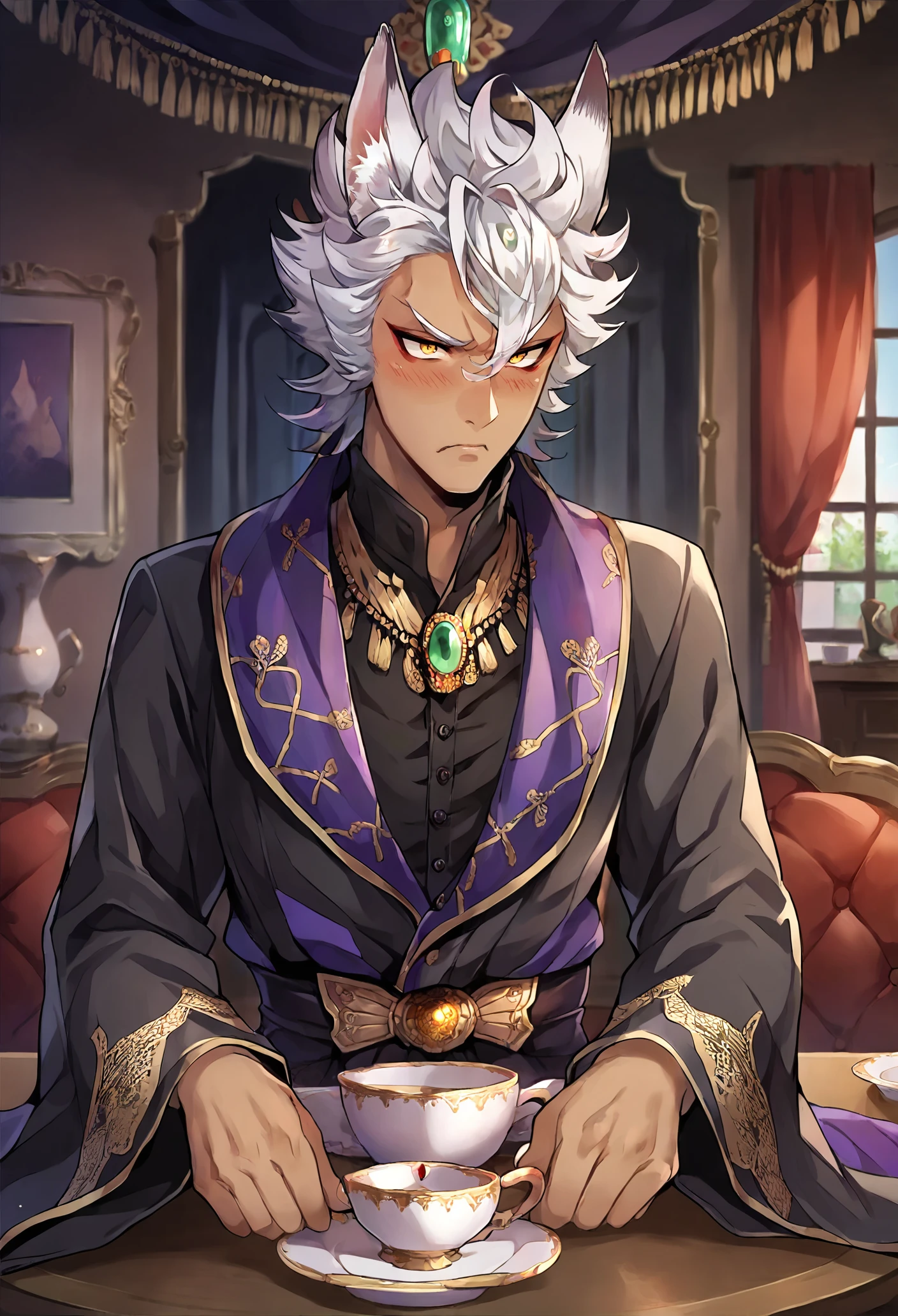 score_9, score_8_up, score_7_up, 
((j4ckceremonial)), j4ckh0wl, animal ears, wolf ears, white hair, yellow eyes, 1boy, male focus, animal ears, dark-skinned male, solo, dark skin, jewelry,
indoors, bedroom, table, teacup,
blush, tsundere,
<lora:Jack_Howl:0.9>