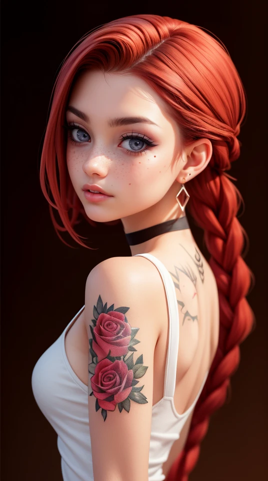 SFW,highest quality,woman,27 year old,backlighting,black choker,blurry background,blush,closed mouth,collarbone,earrings,forehead,freckles,hair over shoulder,jewelry,long hair,looking down,pointy nose,lips glossy,shadow,solo,thick eyebrows,thick eyelashes,upper body, expressive eyes, medium eyes, detailed eyes,red hair,braids,tattoos,tattoos on arms,black rose tattoos on neck,sun beams,warm light,cozy,((masterpiece)),